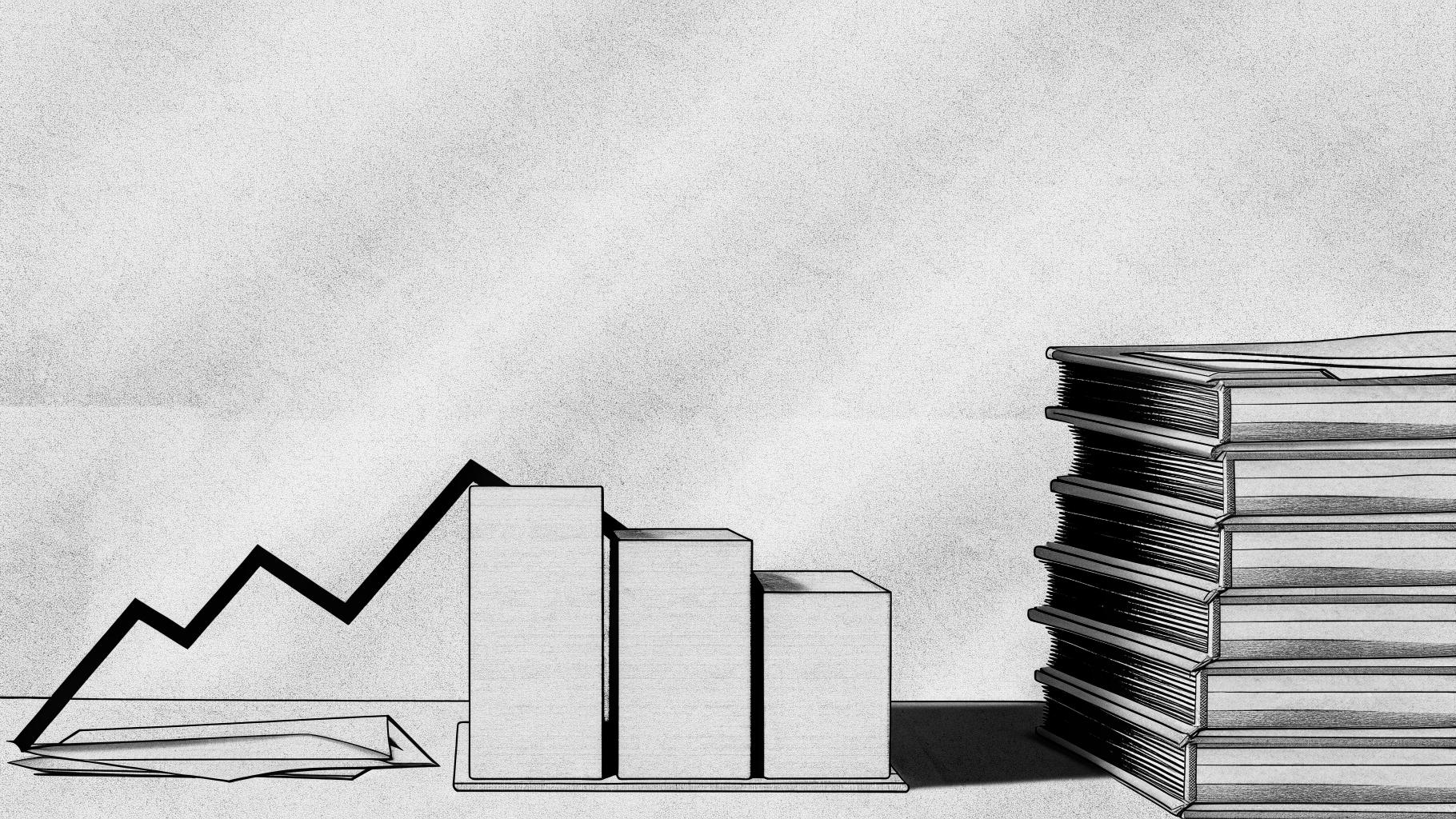 Illustration abstraite d’un budget public avec une courbe de déficit en baisse modérée