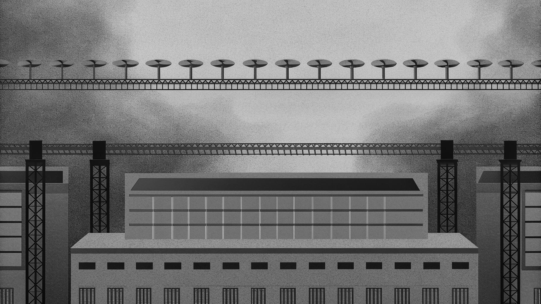 Illustration abstraite d’une usine industrielle avec des silhouettes de drones sur fond sobre