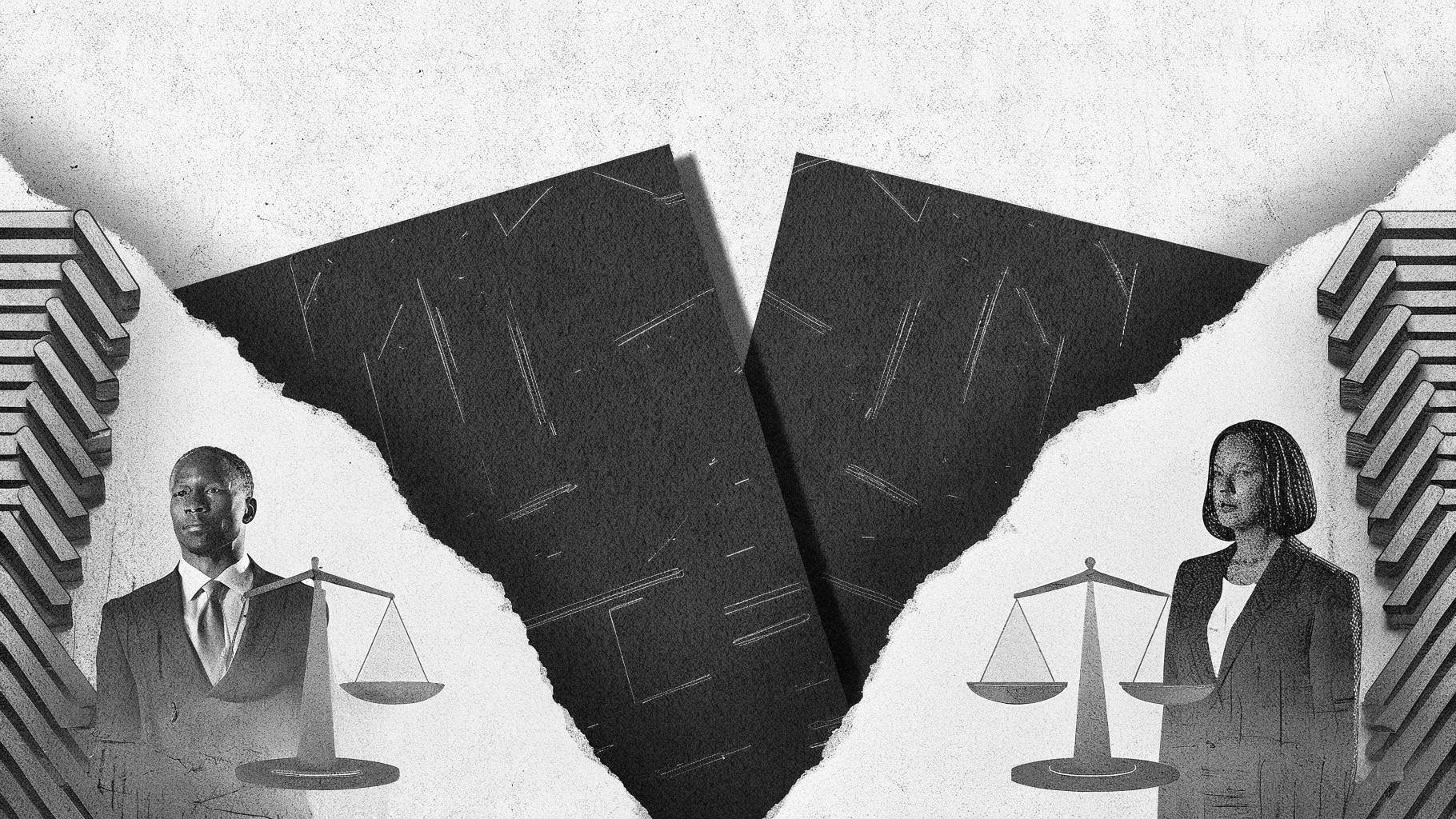 Illustration abstraite de dossiers judiciaires et d’une enquête sur fond sobre, symbolisant les failles du traitement des violences sur mineurs