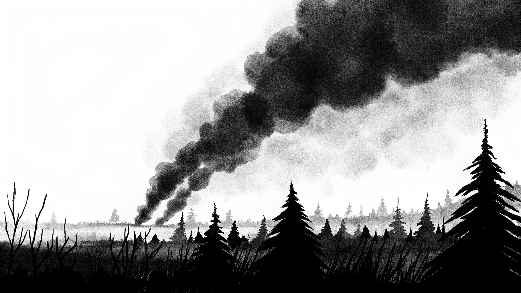 Illustration abstraite d’un massif forestier touché par des incendies, avec fumées et ciel assombri