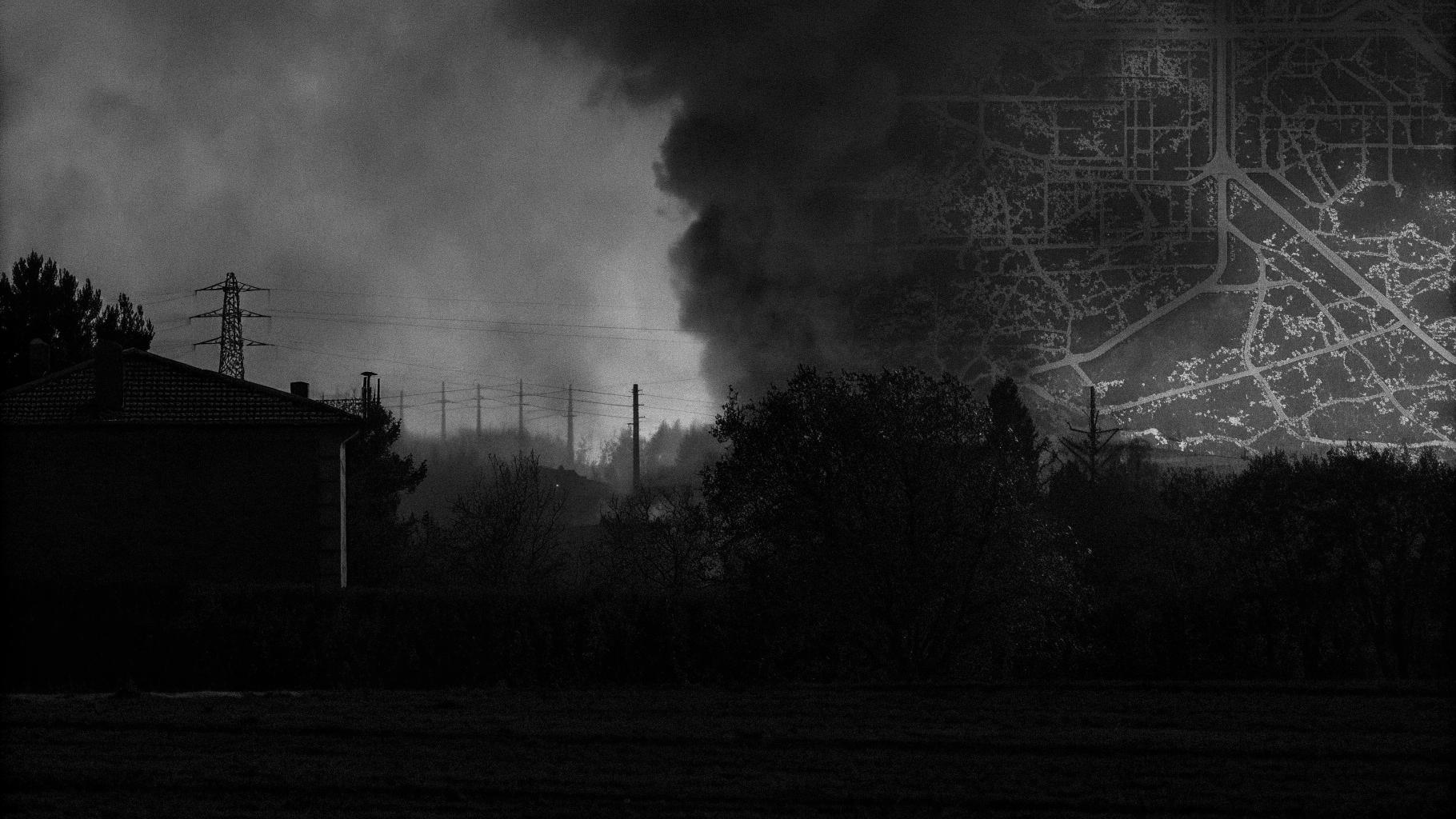 Illustration abstraite d’une ville de l’Ouest américain menacée par un incendie et la fumée