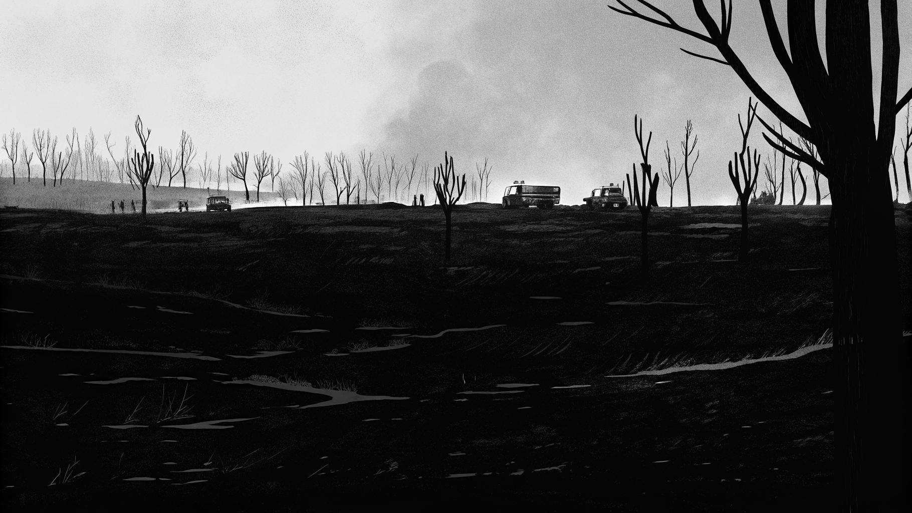 Illustration abstraite d’une forêt calcinée après un incendie, avec une ambiance de crise et de fumée