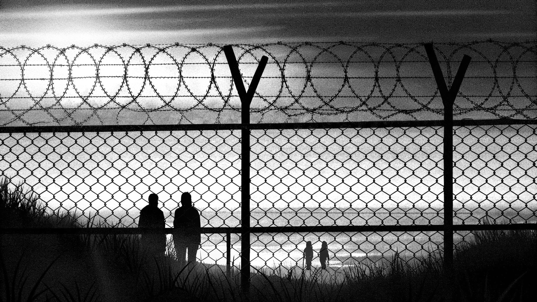 Illustration abstraite d’une frontière côtière avec des silhouettes de jeunes revenant en arrière
