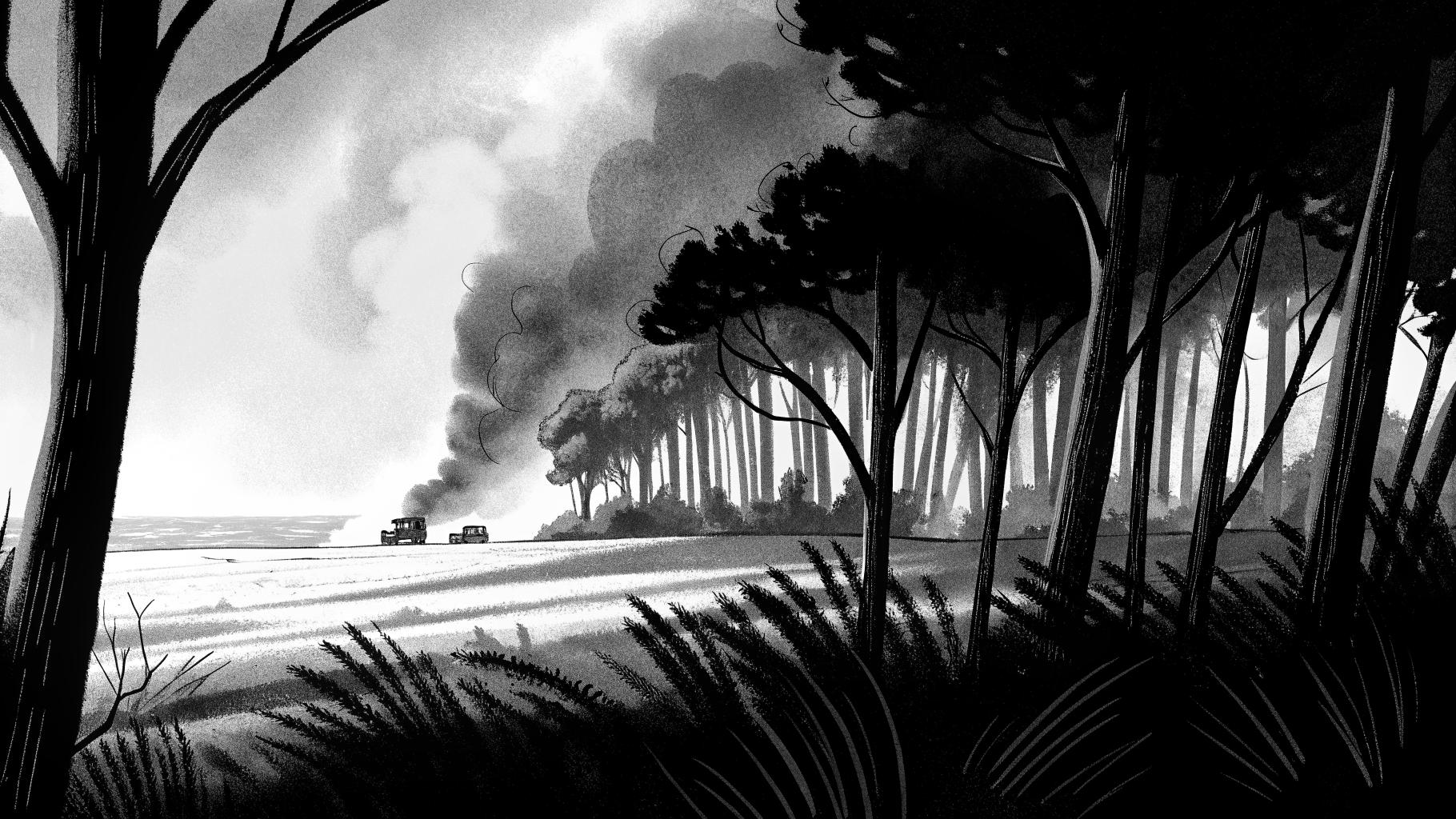 Illustration abstraite d’un incendie menaçant une forêt littorale près d’une station balnéaire
