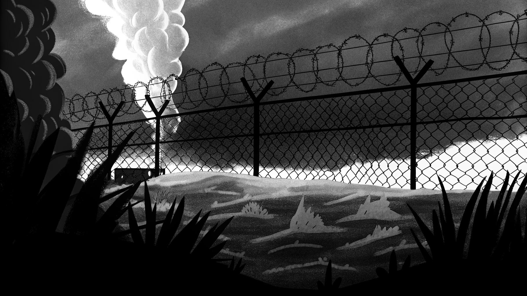 Illustration abstraite d’un incendie menaçant un périmètre militaire entouré de forêt en Gironde.