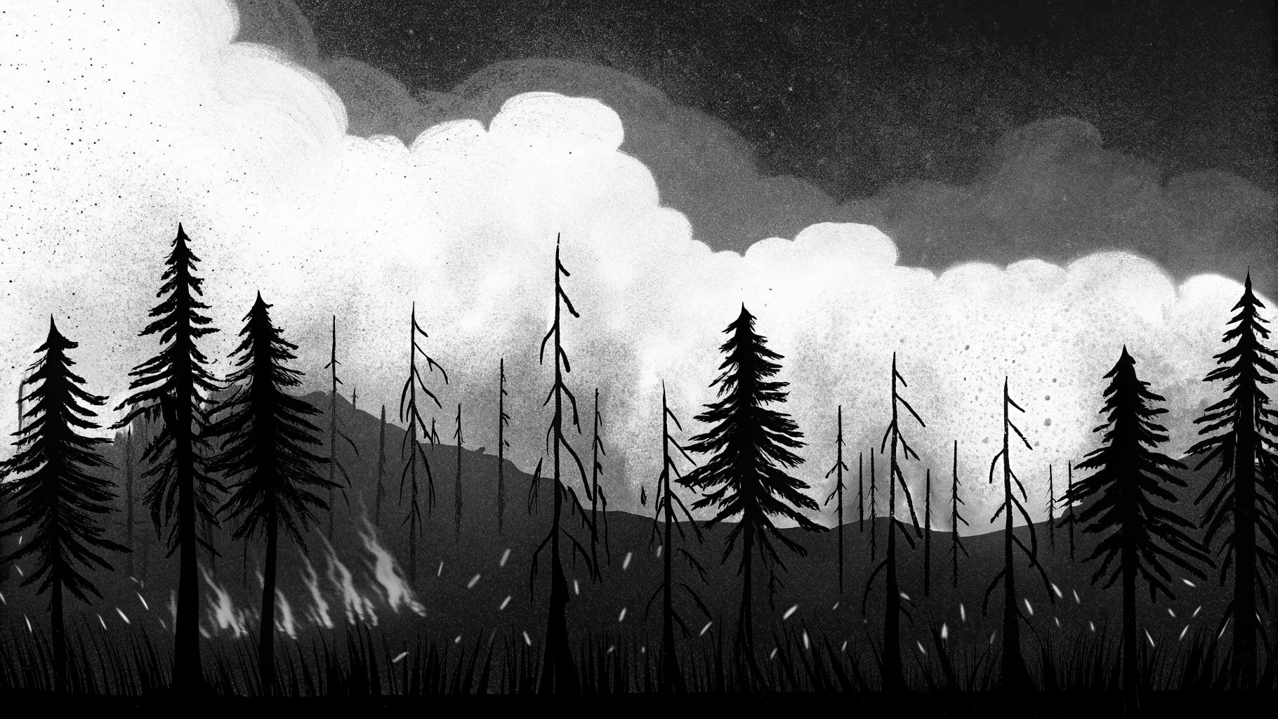 Illustration abstraite d'un incendie de forêt ravageant un paysage, avec des flammes orange et rouge contre un ciel gris foncé, sans texte ni logo, palette sobre, format paysage 3:2