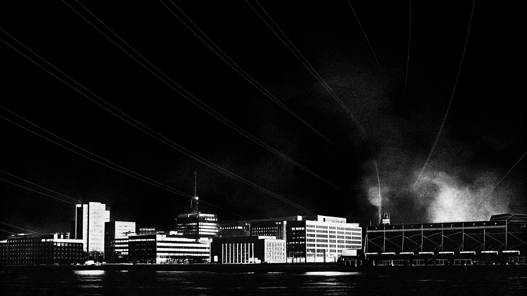 Illustration abstraite d’une ville portuaire la nuit, avec signes discrets d’alerte aérienne et ambiance militaire sobre