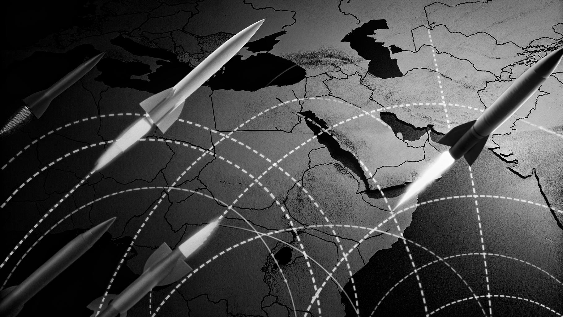 Illustration abstraite d’une escalade militaire entre Israël et l’Iran sur fond géopolitique sobre