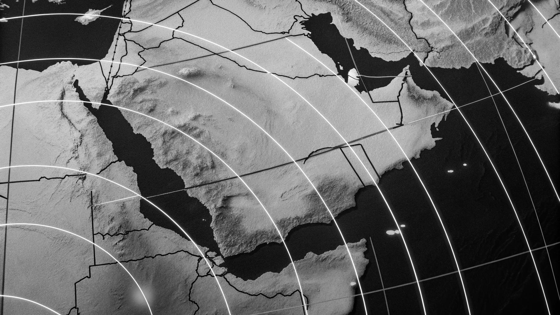 Illustration abstraite d’une escalade militaire entre l’Iran et Israël sur une carte du Moyen-Orient