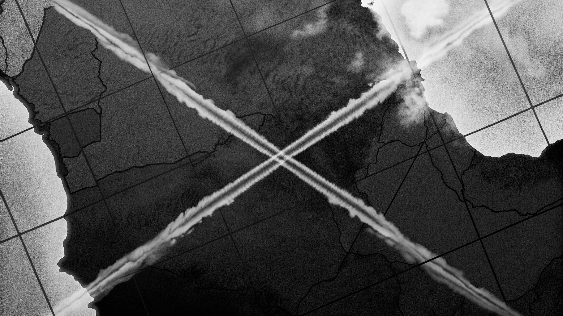 Illustration abstraite d’une escalade militaire au Moyen-Orient avec des traces de missiles stylisées sur fond de carte régionale