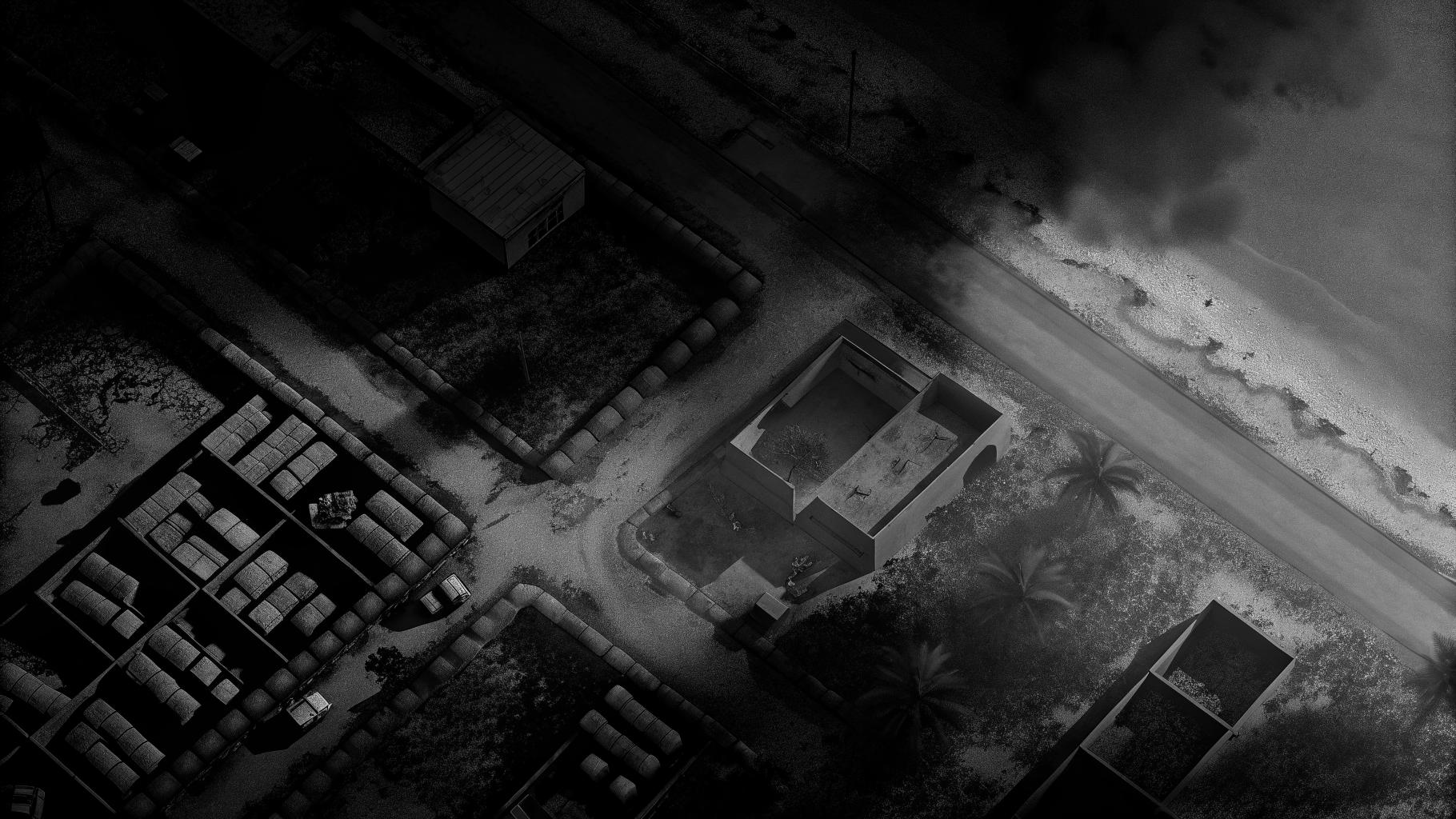 Illustration abstraite d’une zone côtière dévastée avec ruines et aide humanitaire au loin