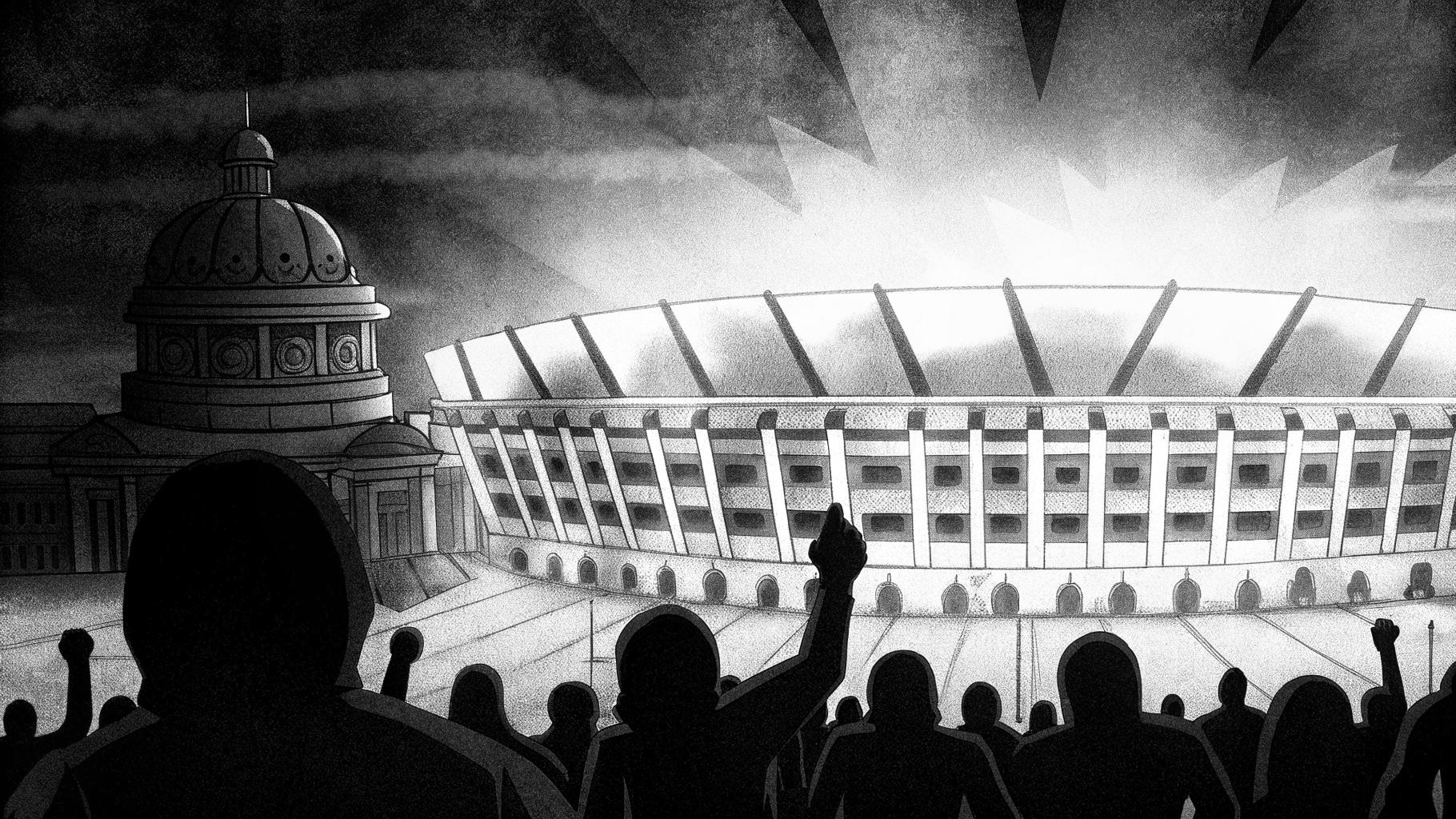 Illustration abstraite d’une mobilisation sociale à Mexico sur fond de Coupe du monde
