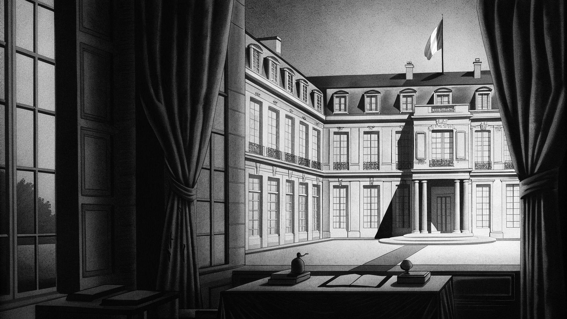 Illustration abstraite d’un bâtiment public et de dossiers administratifs symbolisant l’État et la fonction publique