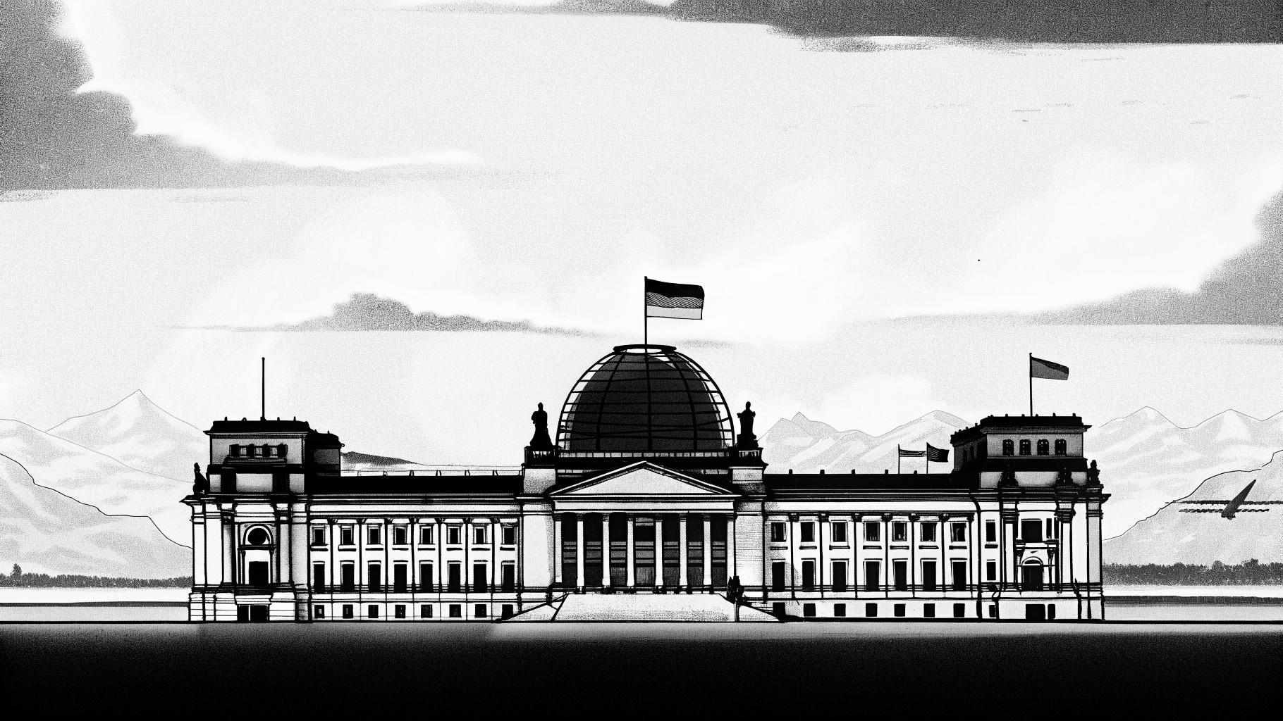 Illustration abstraite d’un avion de rapatriement devant un bâtiment institutionnel européen