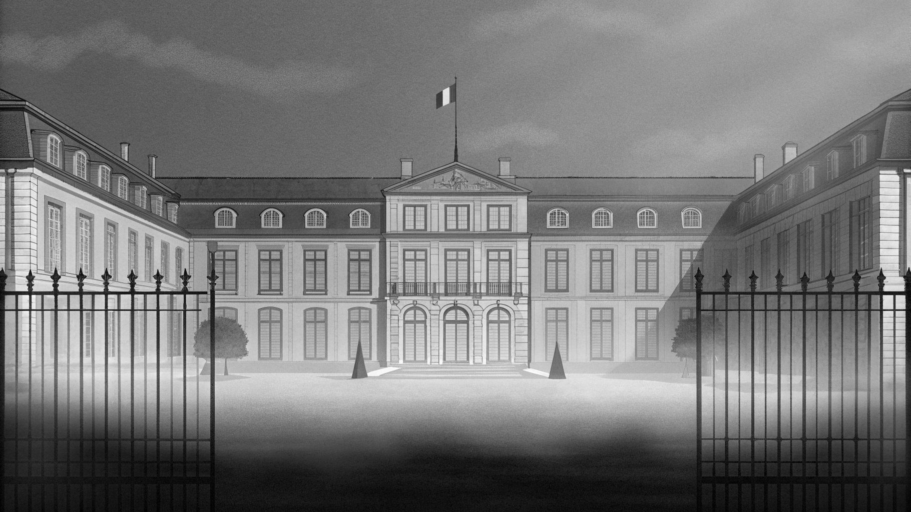 Illustration abstraite d’un couloir de pouvoir et d’une trajectoire politique floue vers l’Élysée