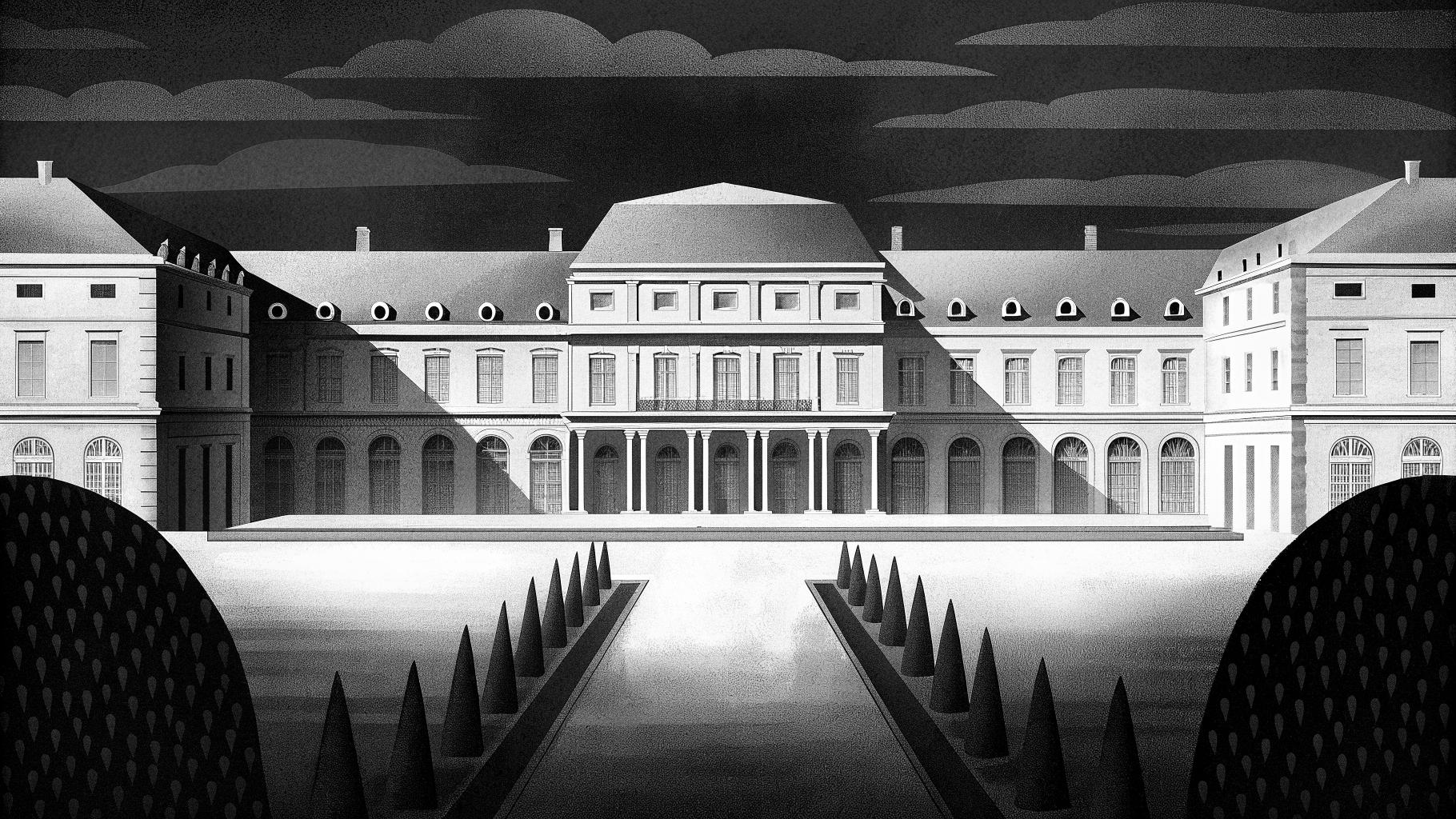 Illustration abstraite de la vie politique française avec l’Assemblée nationale, l’Élysée et un siège de parti en arrière-plan