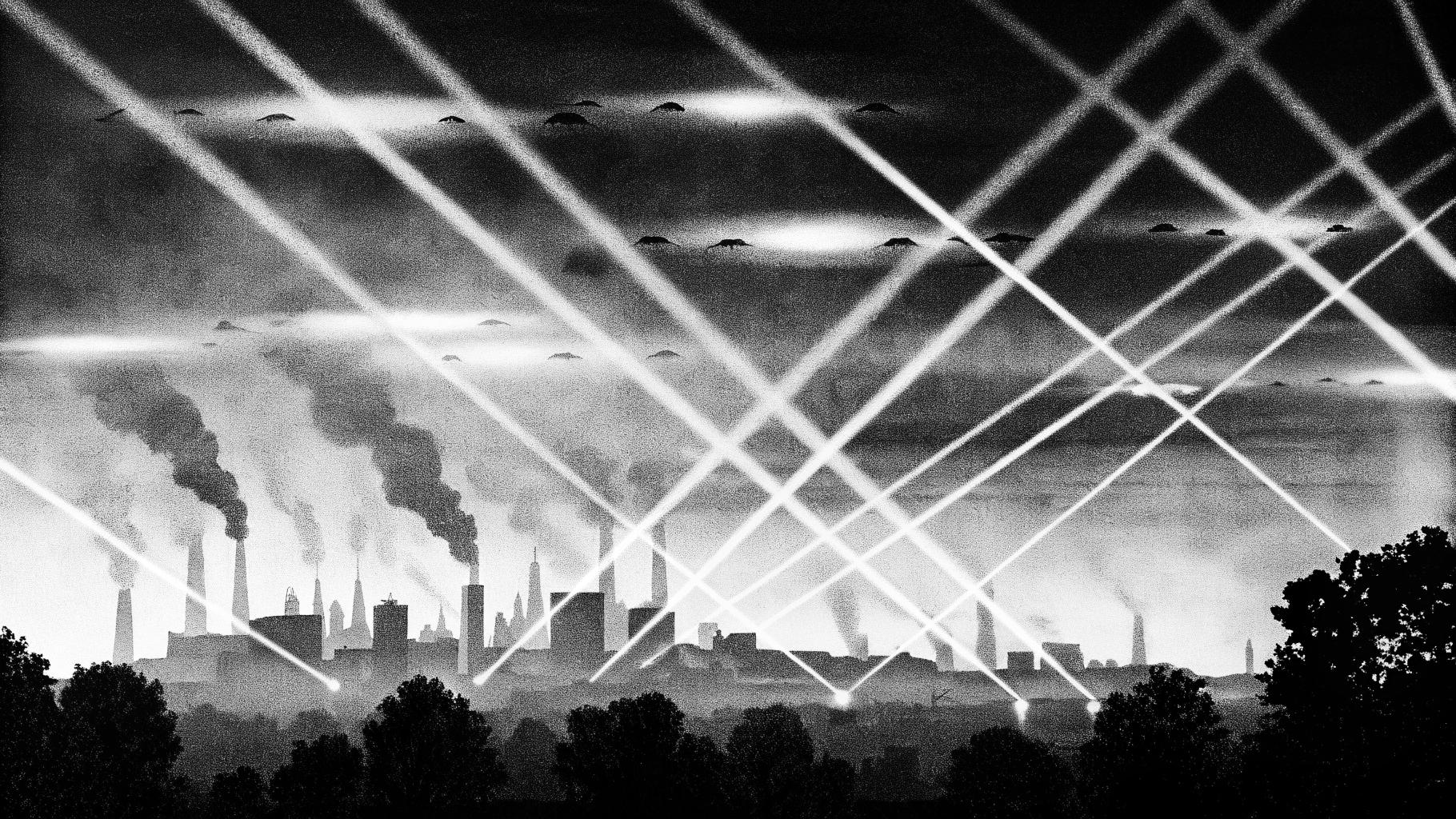 Illustration abstraite d’une capitale frappée par des drones, avec fumées et défense aérienne stylisée