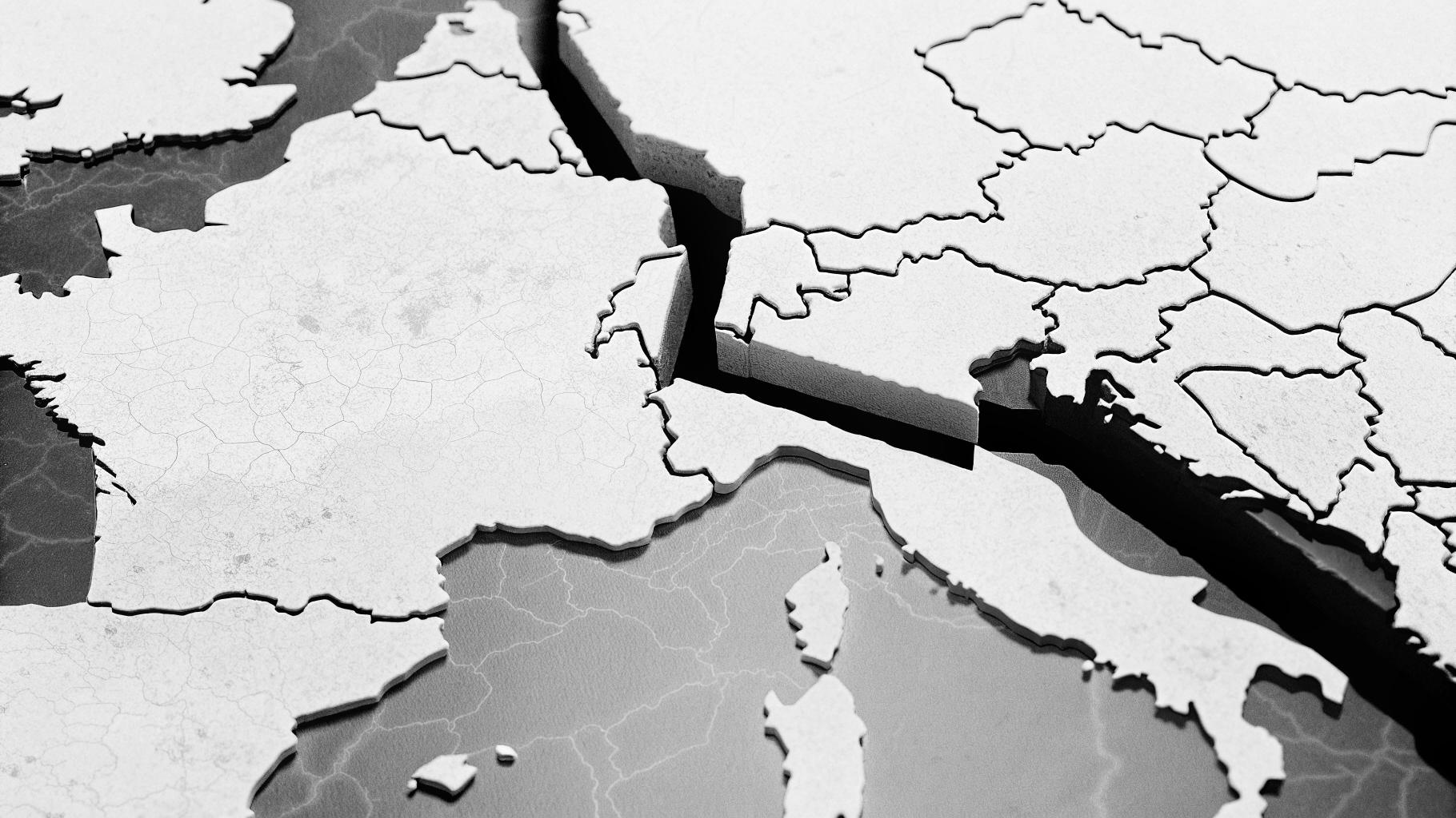 Illustration abstraite d’une carte européenne fragmentée et d’un équilibre politique fragilisé