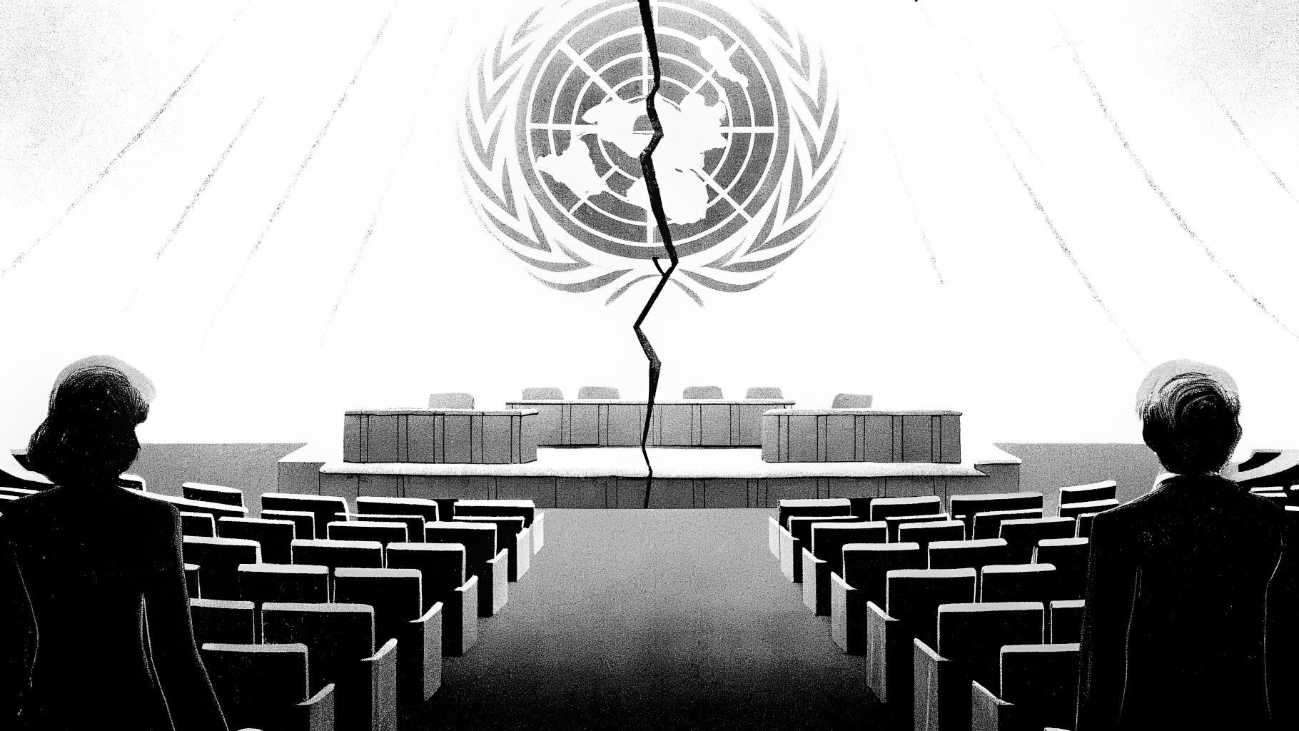 Illustration abstraite d’une tension diplomatique entre l’ONU, l’Iran et l’escalade militaire