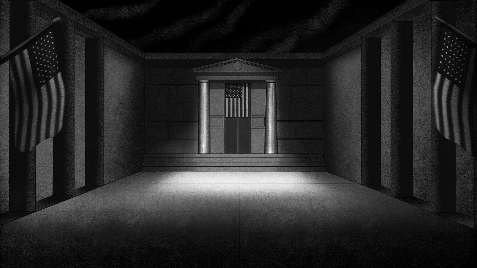 Illustration sobre d’un couloir reliant une salle d’exécution et un service hospitalier au Tennessee, symbolisant l’échec d’une injection létale.