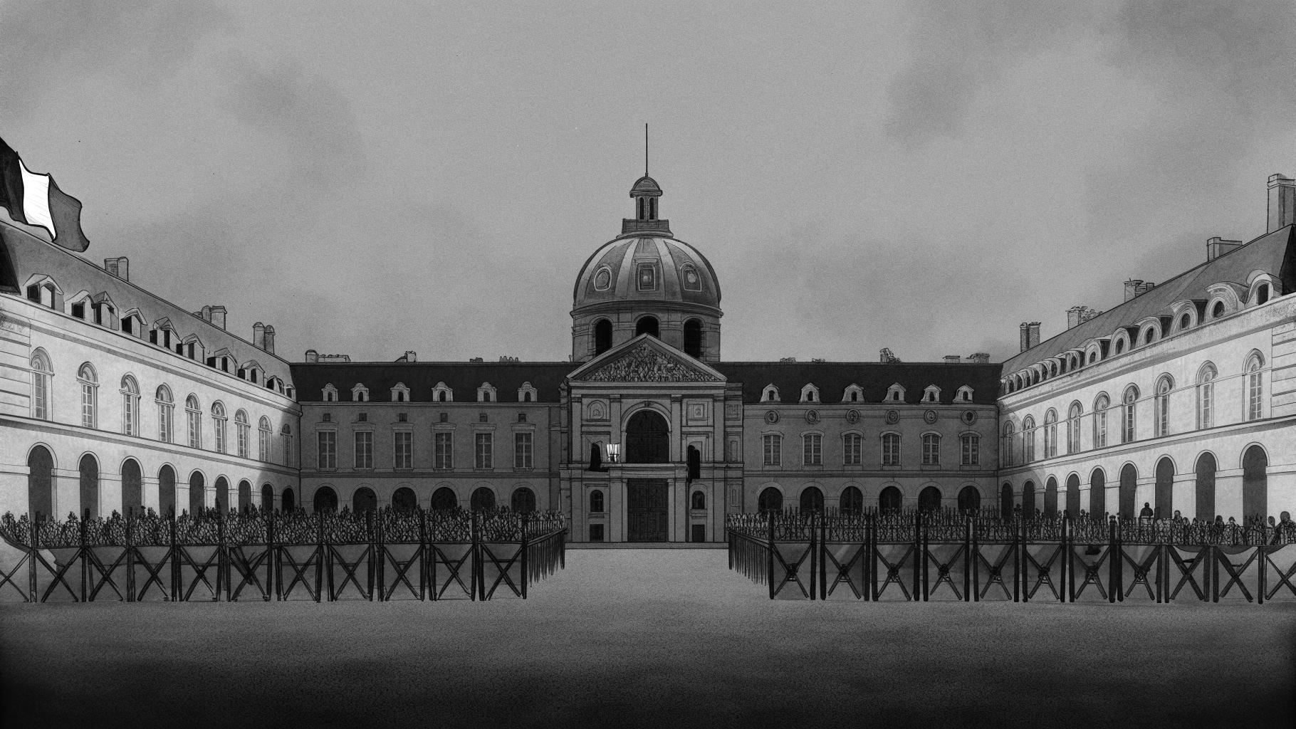 Illustration abstraite de lycées et universités français perturbés par une mobilisation sociale, dans une palette sombre et sobre.