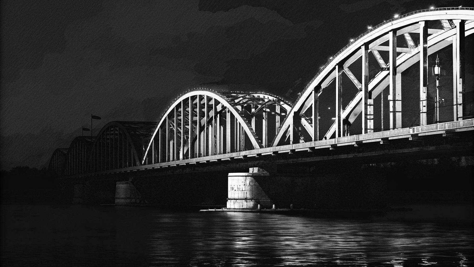 Vue éditoriale abstraite des ponts de Kyiv sur le Dniepr après des frappes, avec des voies de circulation interrompues et des lumières de secours.