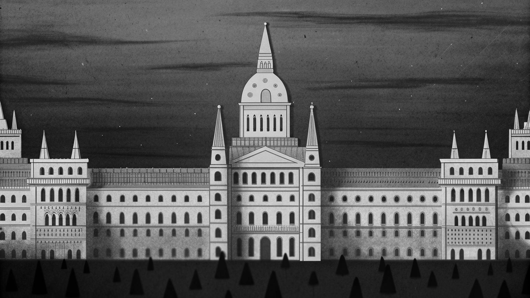 Illustration abstraite de la crise du logement en Espagne, avec des immeubles madrilènes et le Congrès des députés en arrière-plan.