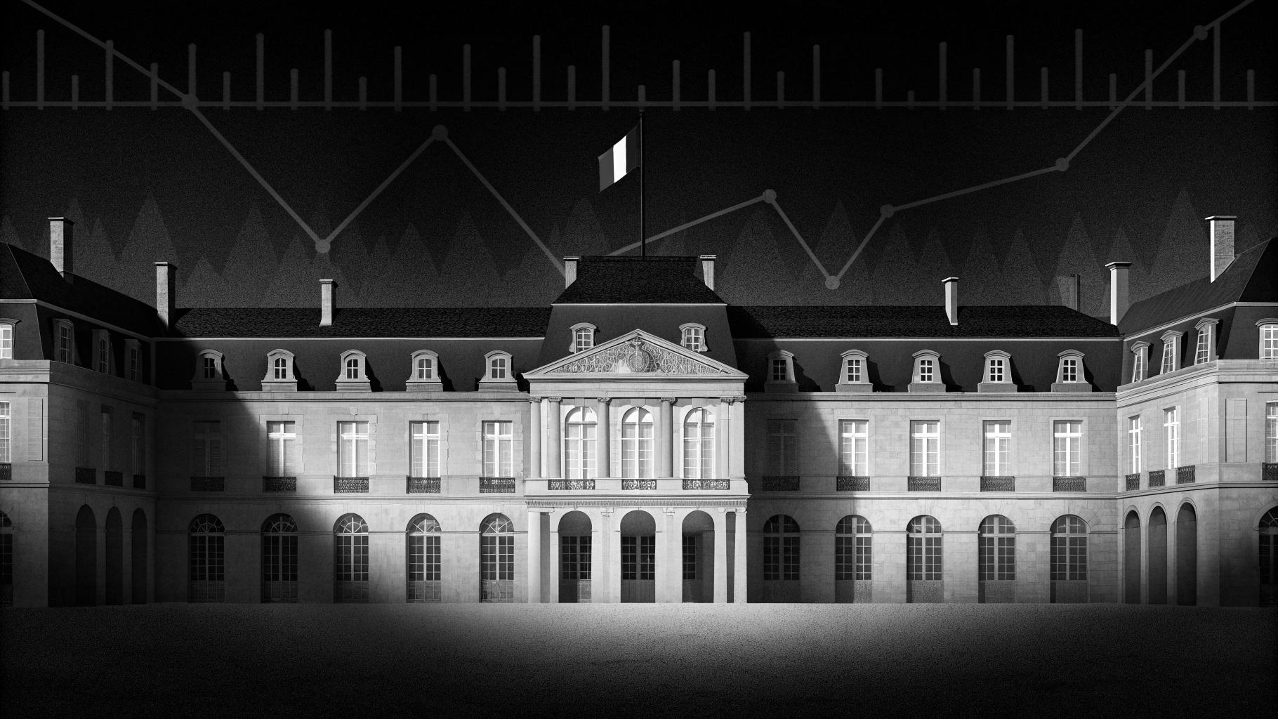 Illustration abstraite de la dette publique française et du débat budgétaire autour de l’Élysée et de l’Assemblée nationale