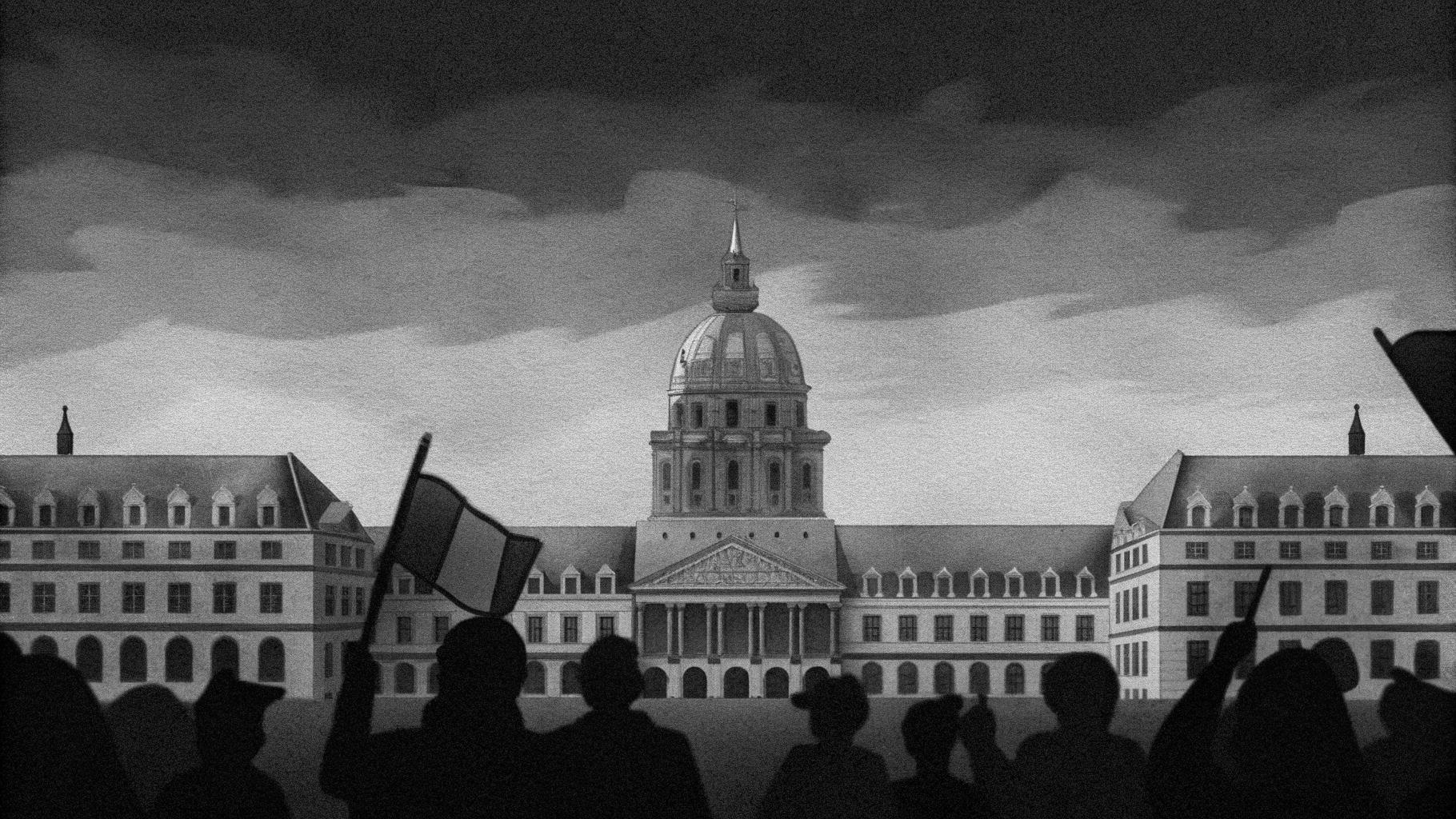 Illustration abstraite de lycéens mobilisés face aux institutions françaises dans une rue urbaine aux tons sobres.