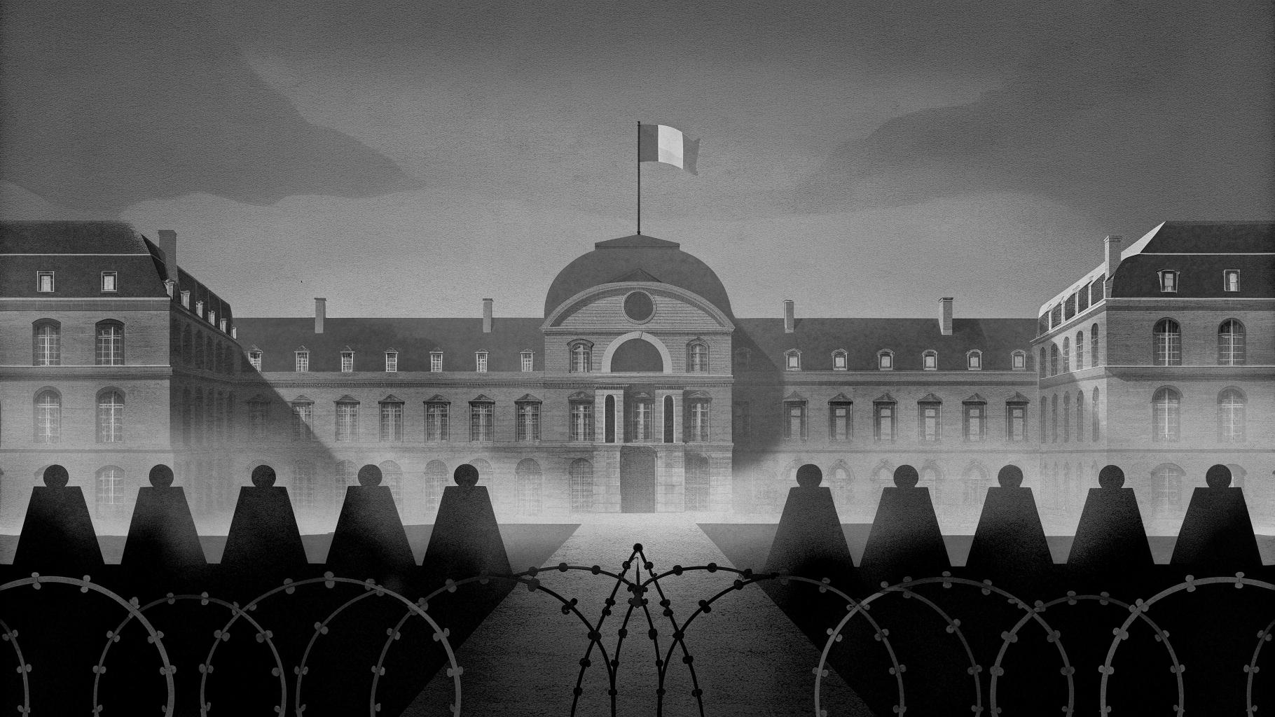 Illustration sobre d’un établissement scolaire français entouré de barrières de maintien de l’ordre, évoquant le débat sur les grenades à Lens.