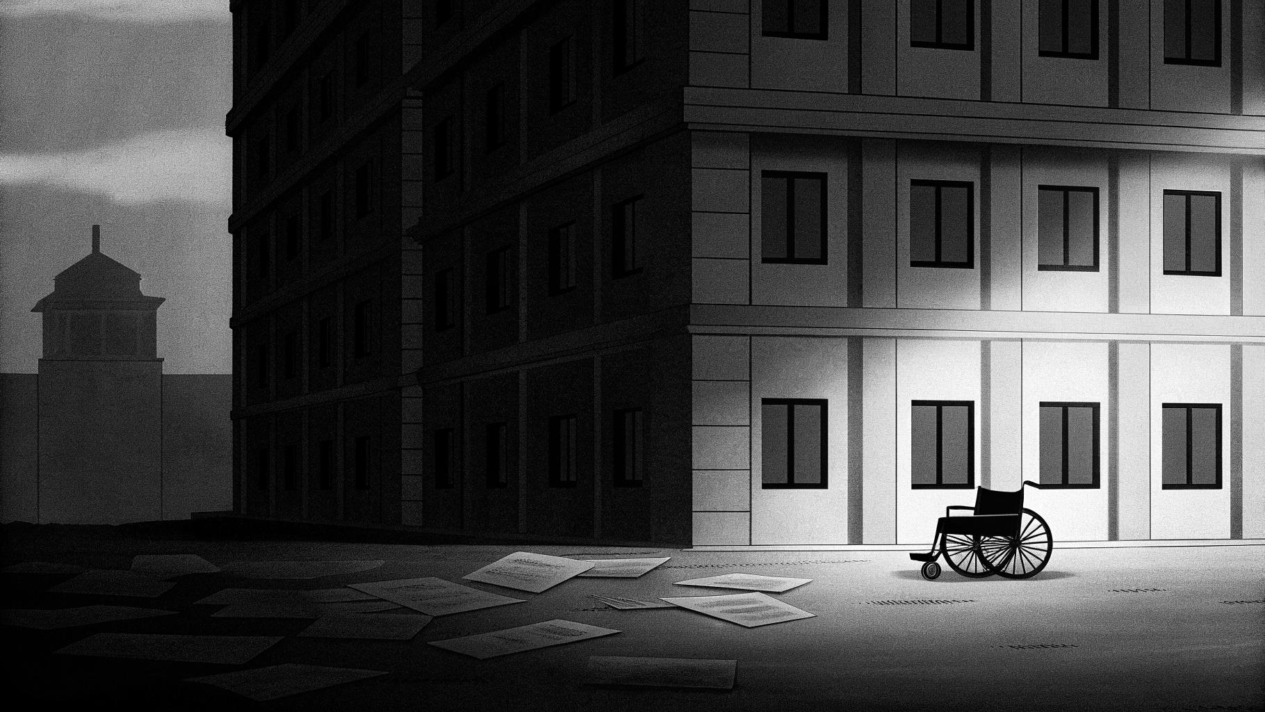 Illustration abstraite d’un immeuble madrilène représentant la crise du logement et les expulsions de locataires âgés.