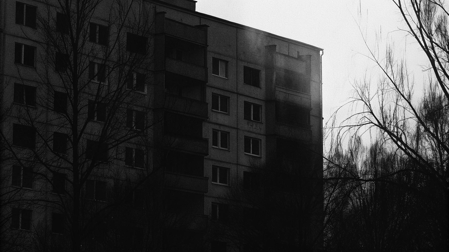 Illustration sobre d’un immeuble résidentiel de Kiev endommagé par une frappe, évoquant la mémoire de Tchernobyl.