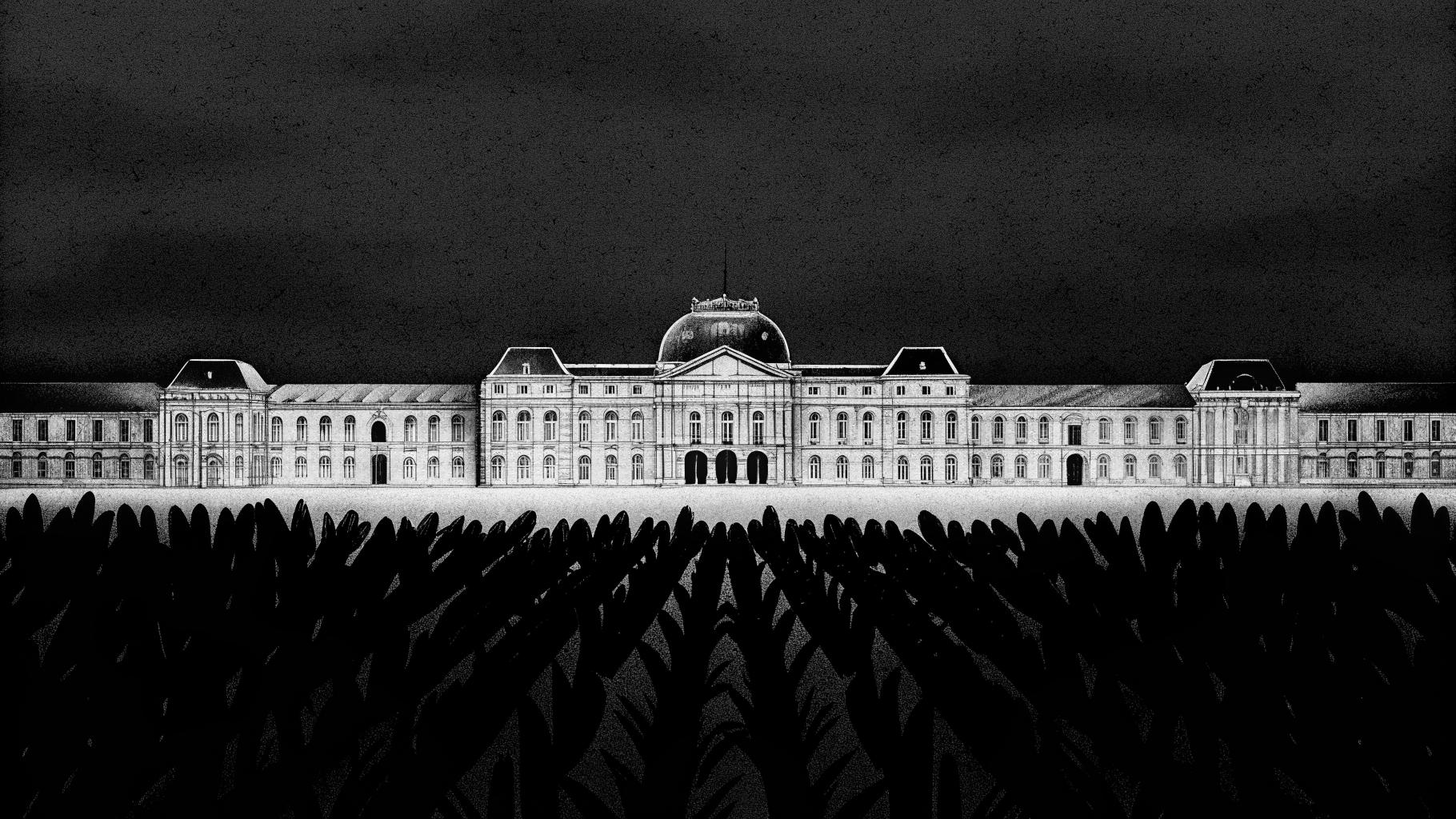 Illustration abstraite représentant la convergence des crises agricoles, sociales et scolaires en France, avec des champs, des logements et des institutions publiques.
