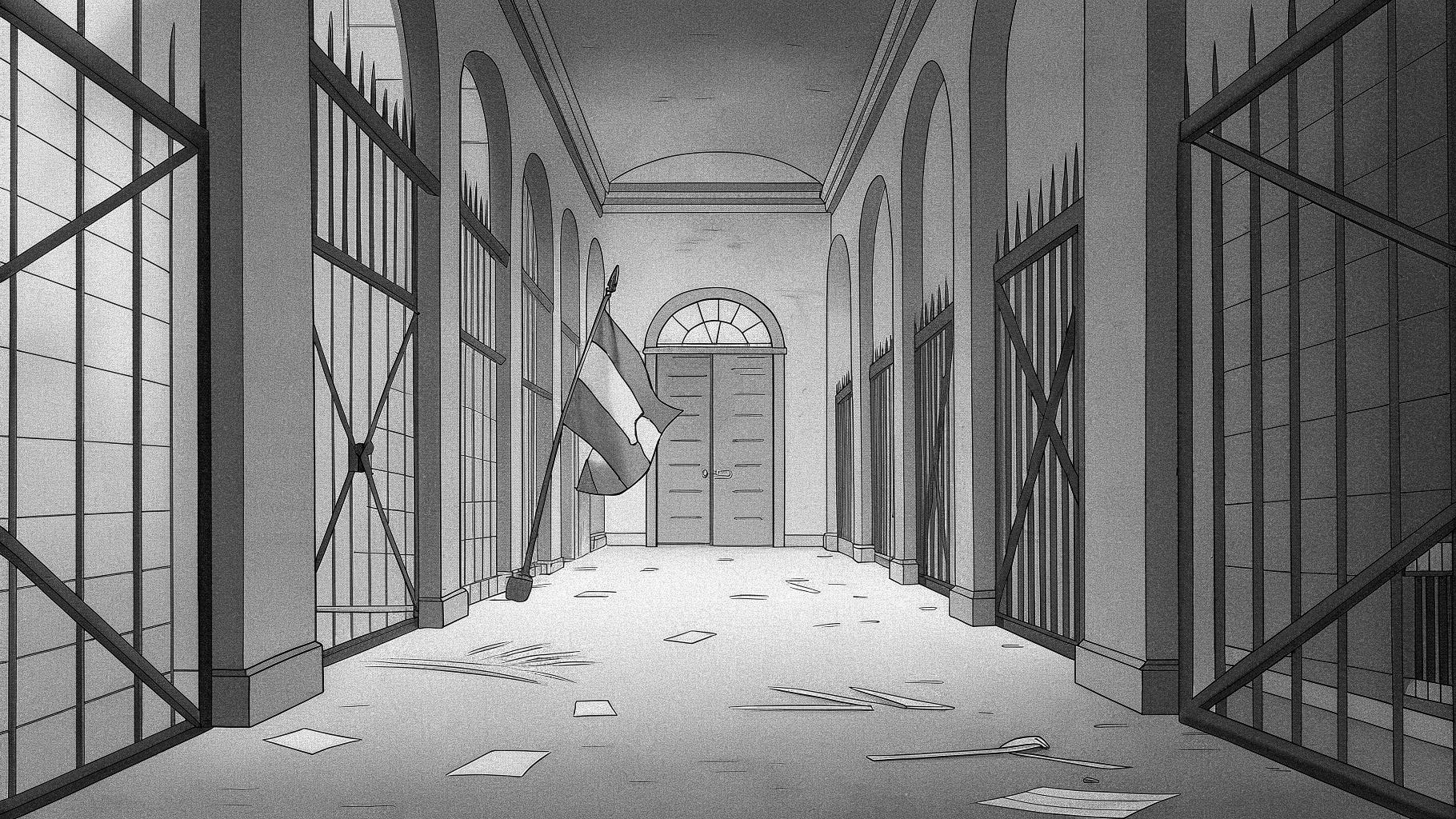 Illustration abstraite d’un lycée français fermé pendant une mobilisation, avec des portes sous tension et une lumière fragmentée.