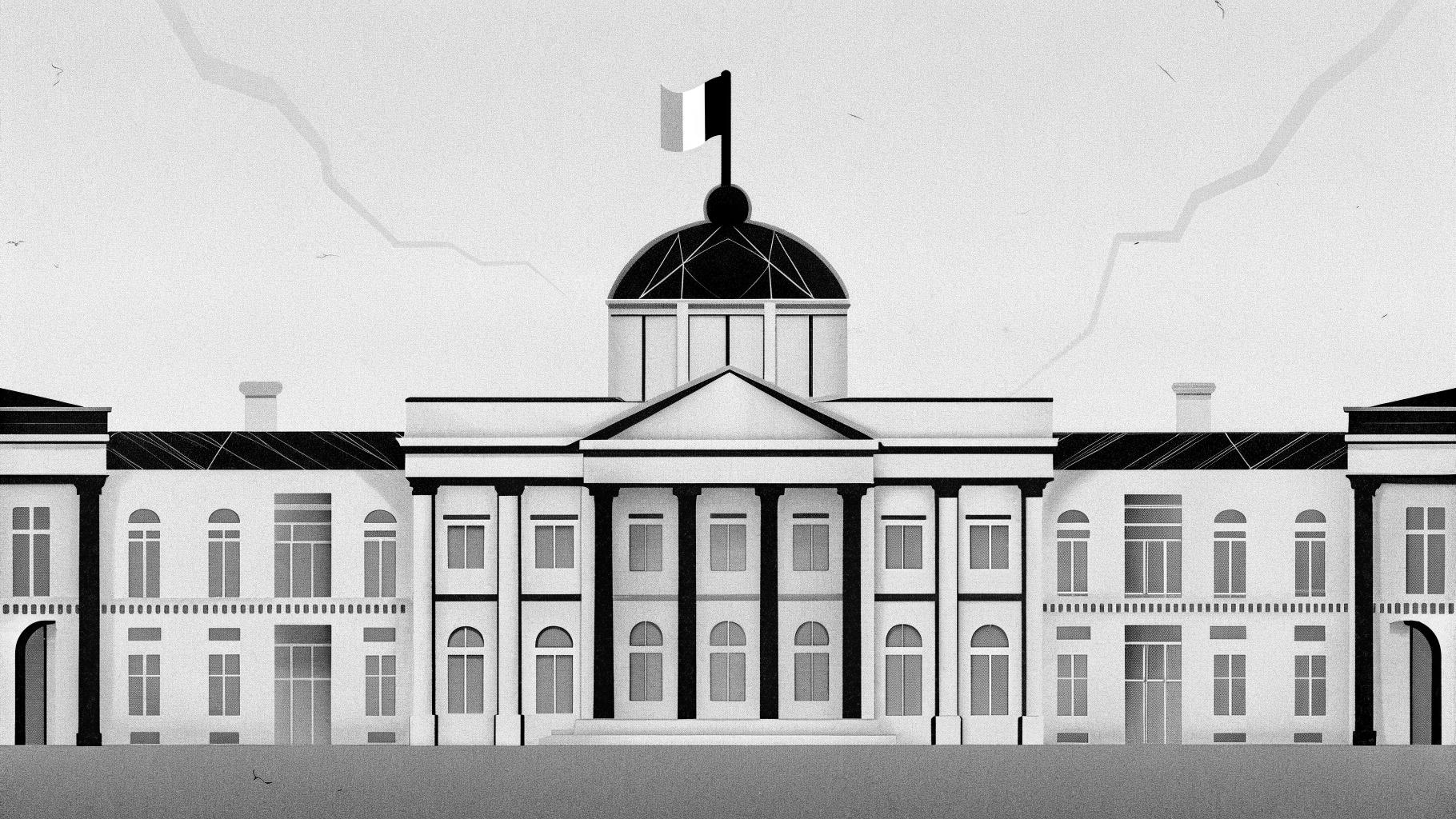 Illustration abstraite d’une façade institutionnelle française fissurée, évoquant les tensions autour de l’antisémitisme au Rassemblement national.