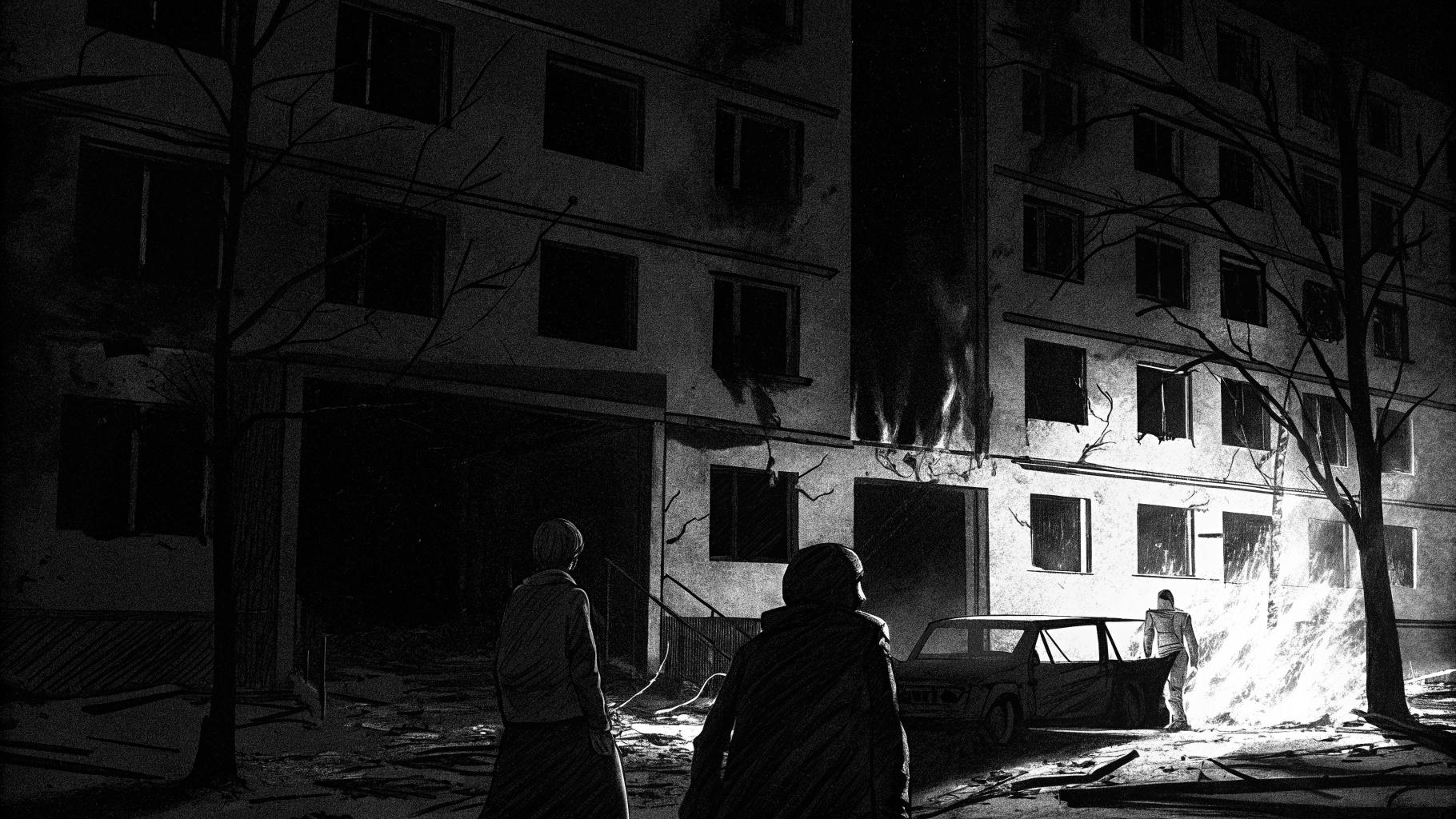 Représentation abstraite du conflit en Ukraine avec des éléments symbolisant la crise humanitaire