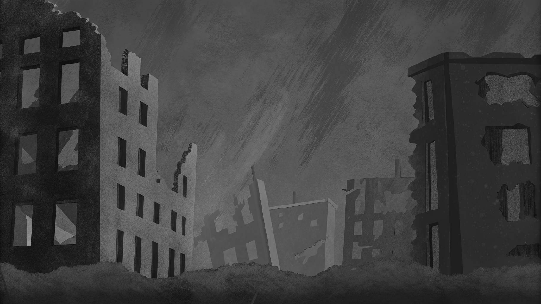 Représentation symbolique de destruction urbaine par bombardements
