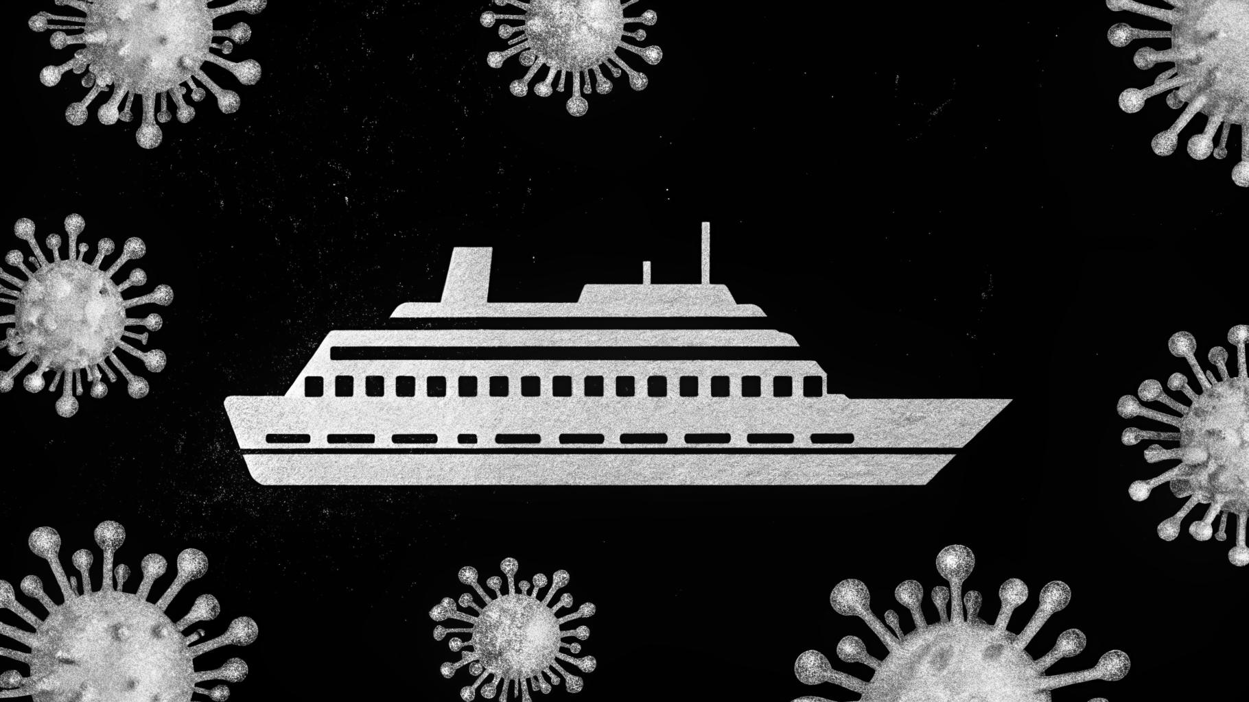 Navire de croisière avec représentation stylisée de particules virales