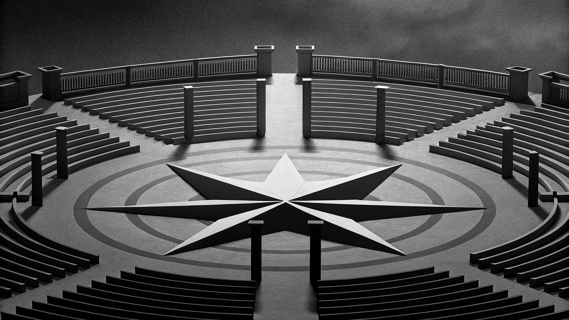 Paysage politique symbolique avec des lignes convergentes représentant différentes perspectives