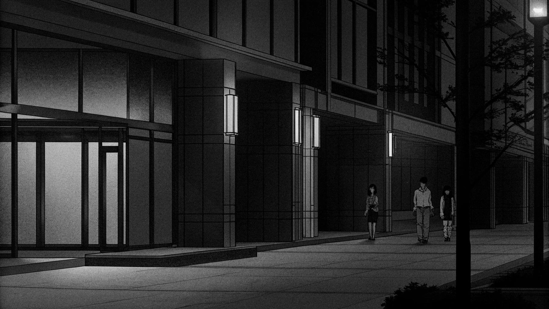 Illustration abstraite d’un centre commercial à Tokyo avec une ambiance de sécurité et d’alerte discrète.