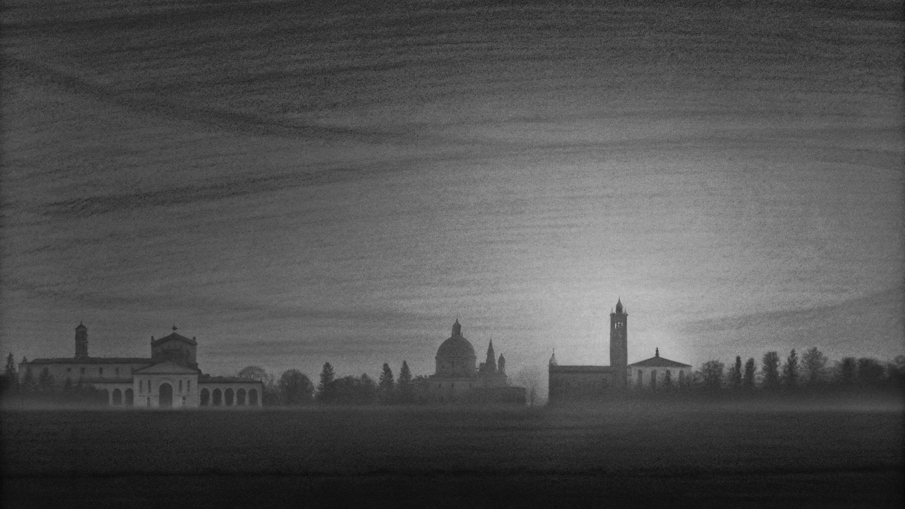Illustration abstraite d’une ville italienne frappée par une forte chaleur, avec rues vides et atmosphère d’alerte.
