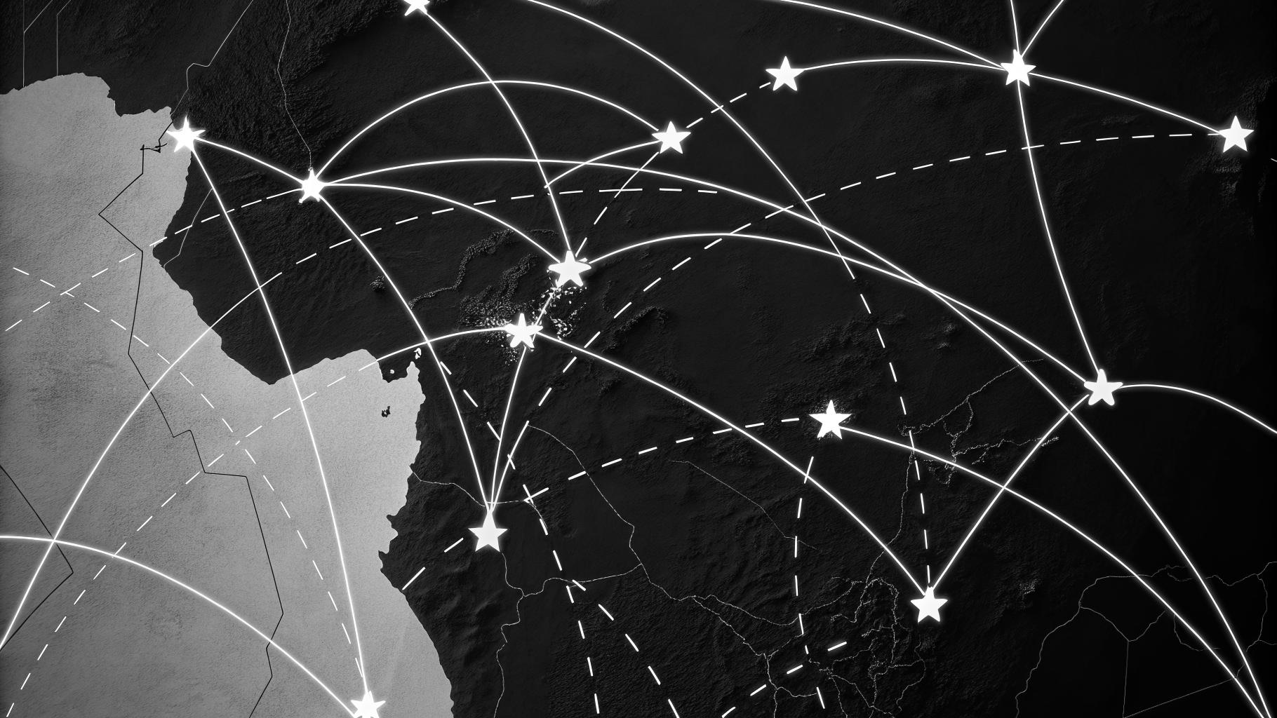 Illustration abstraite d’une crise sanitaire en Afrique centrale, avec une carte stylisée et des symboles logistiques discrets