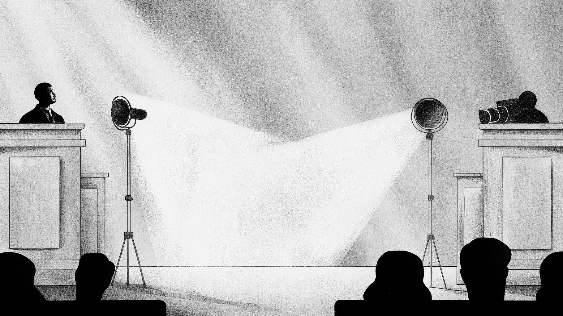 Illustration abstraite d’une salle d’audience au Cameroun avec ambiance sombre et tension autour de la liberté de la presse