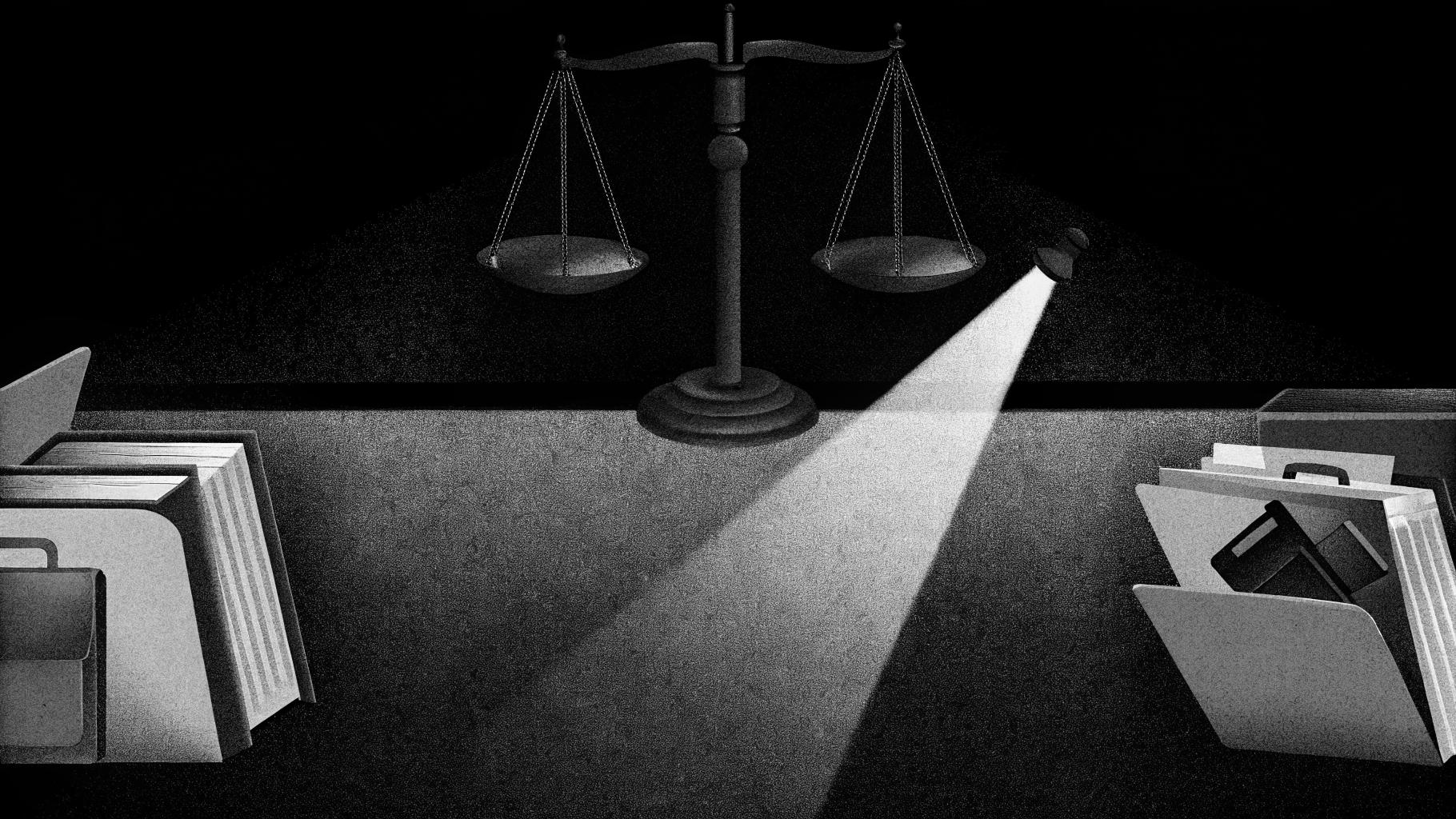 Illustration abstraite d’un dossier judiciaire avec balance de la justice et dossiers empilés sur fond sobre.