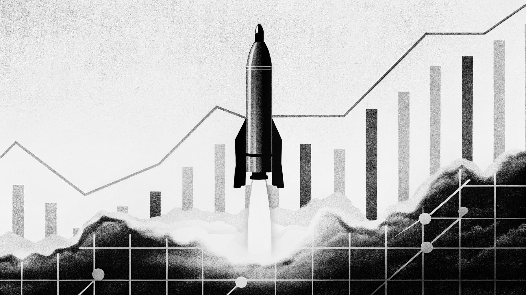 Illustration abstraite d’une entreprise spatiale entrant en Bourse avec courbe financière ascendante