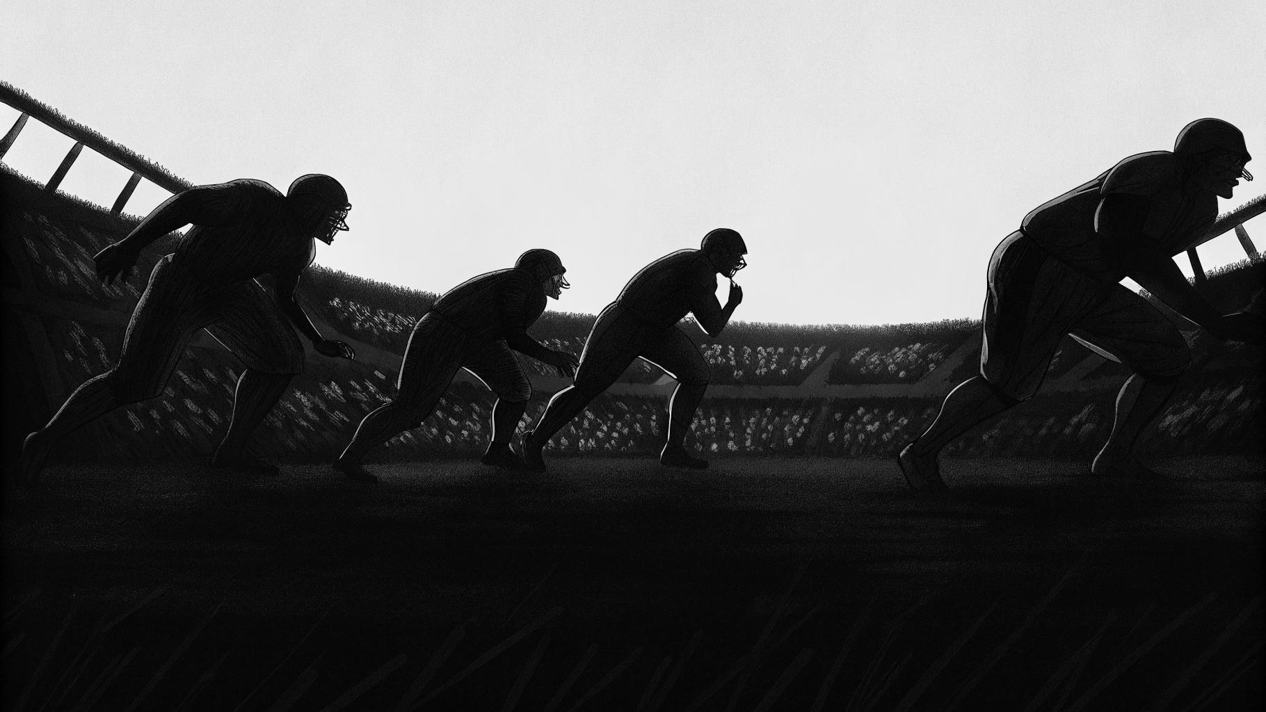Illustration abstraite d'une équipe de football en mouvement, avec quatre joueurs formant une unité offensive dynamique, sur un fond de foule de stade, palette en bleus et gris sobres, format paysage 3:2, sans texte, sans logo, sans visage reconnaiss