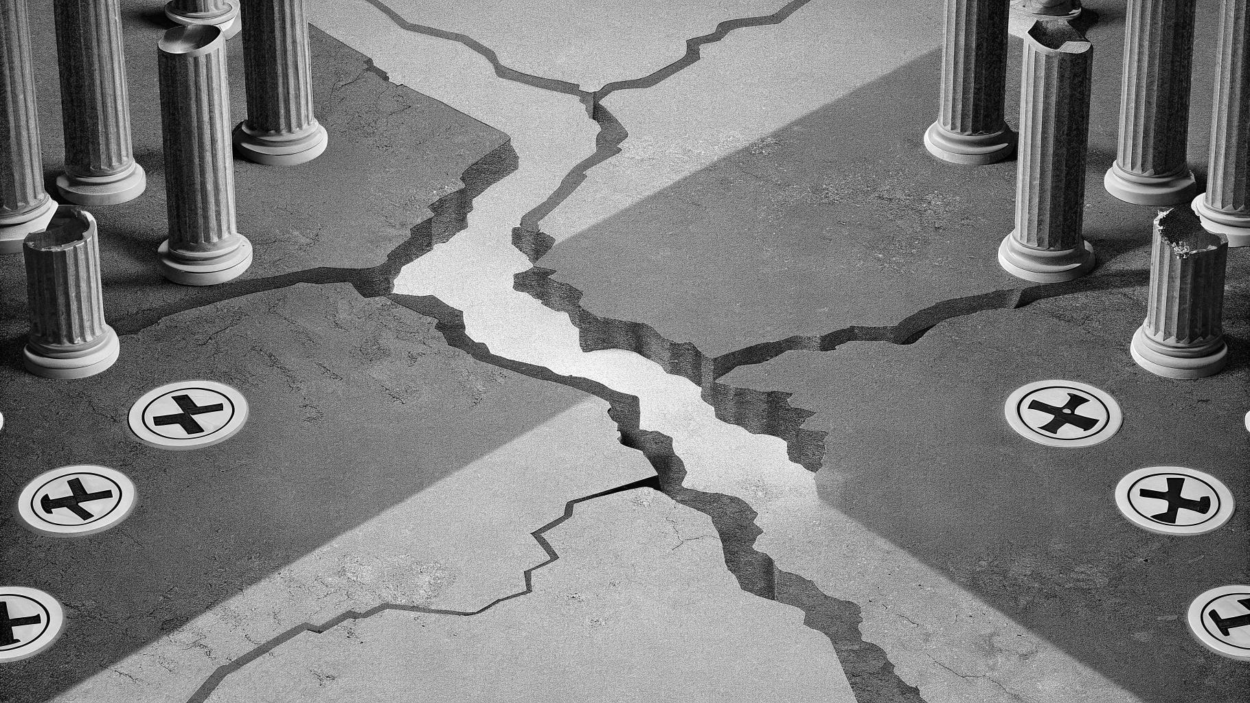 Illustration abstraite représentant la tension politique et la continuité, avec des nuances de bleu foncé et de gris, format paysage 3:2, sans texte, sans logo, sans visage reconnaissable