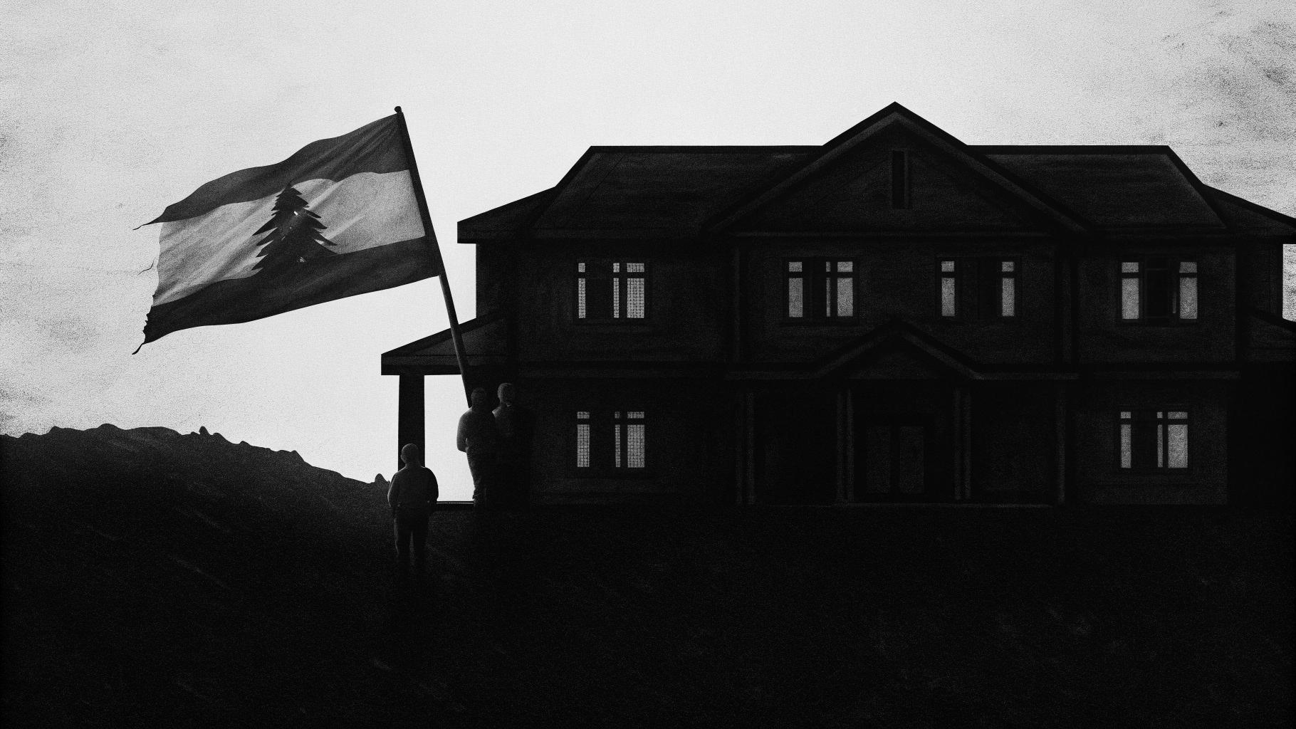 Illustration abstraite représentant une communauté chiite libanaise divisée, un côté tenant un drapeau et l'autre transportant une maison brisée, symbolisant la tension entre fierté et amertume après la guerre de 2026