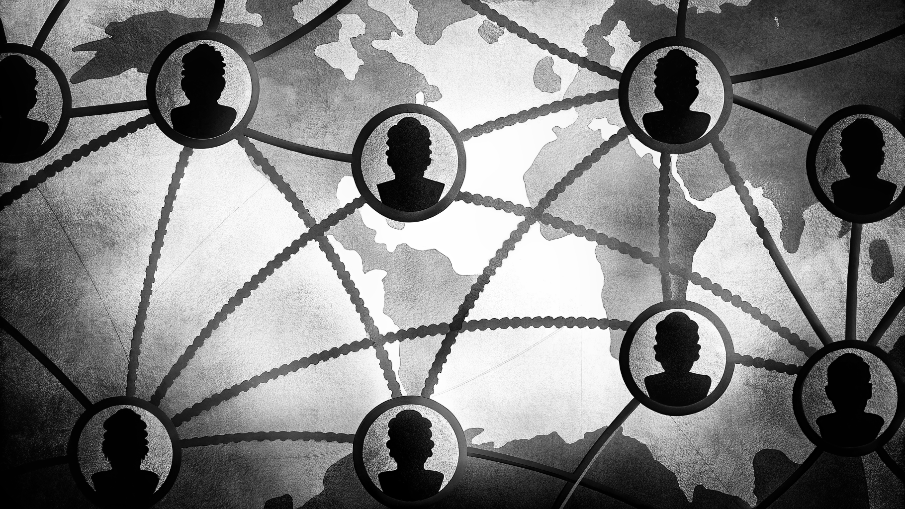 Illustration abstraite représentant un réseau de surveillance internationale avec des figures cachées et des connexions secrètes, palette sobre de gris foncés et bleus profonds