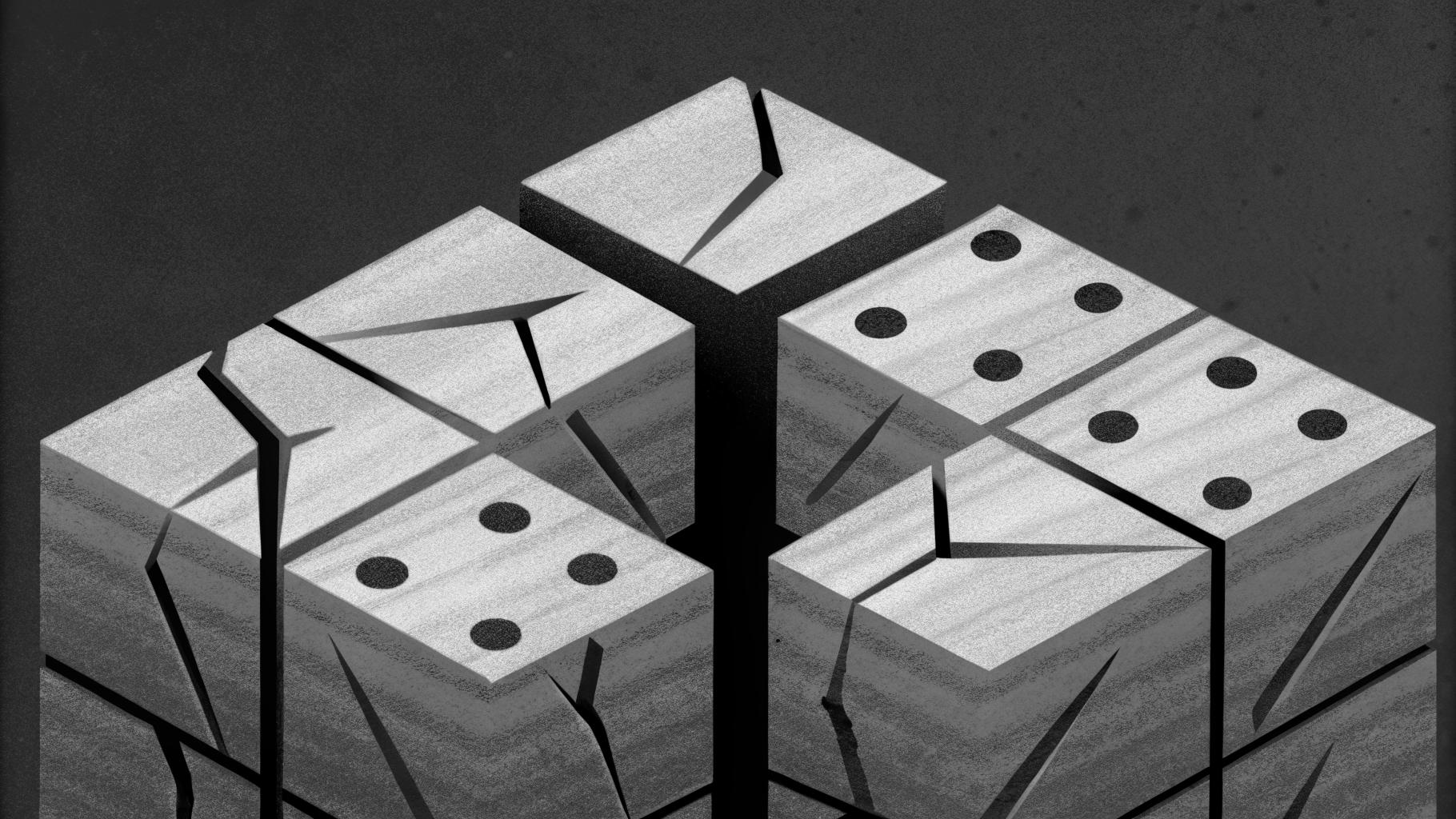 Illustration abstraite montrant des blocs économiques fragmentés en collision, symbolisant les tensions commerciales et l'imbalance de la dette mondiale